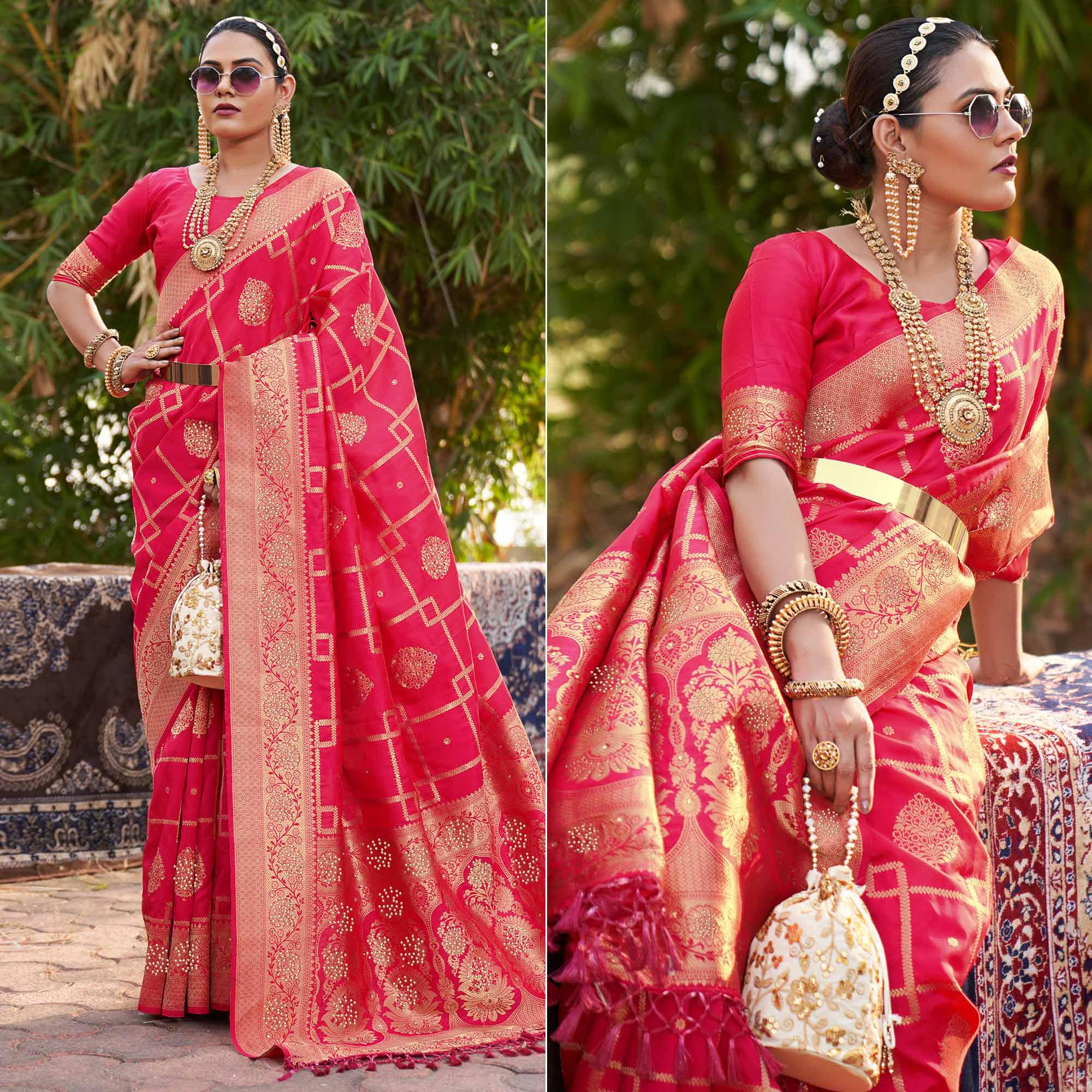 Pink Woven With Embellished Art Silk Saree With Tassels - Peachmode