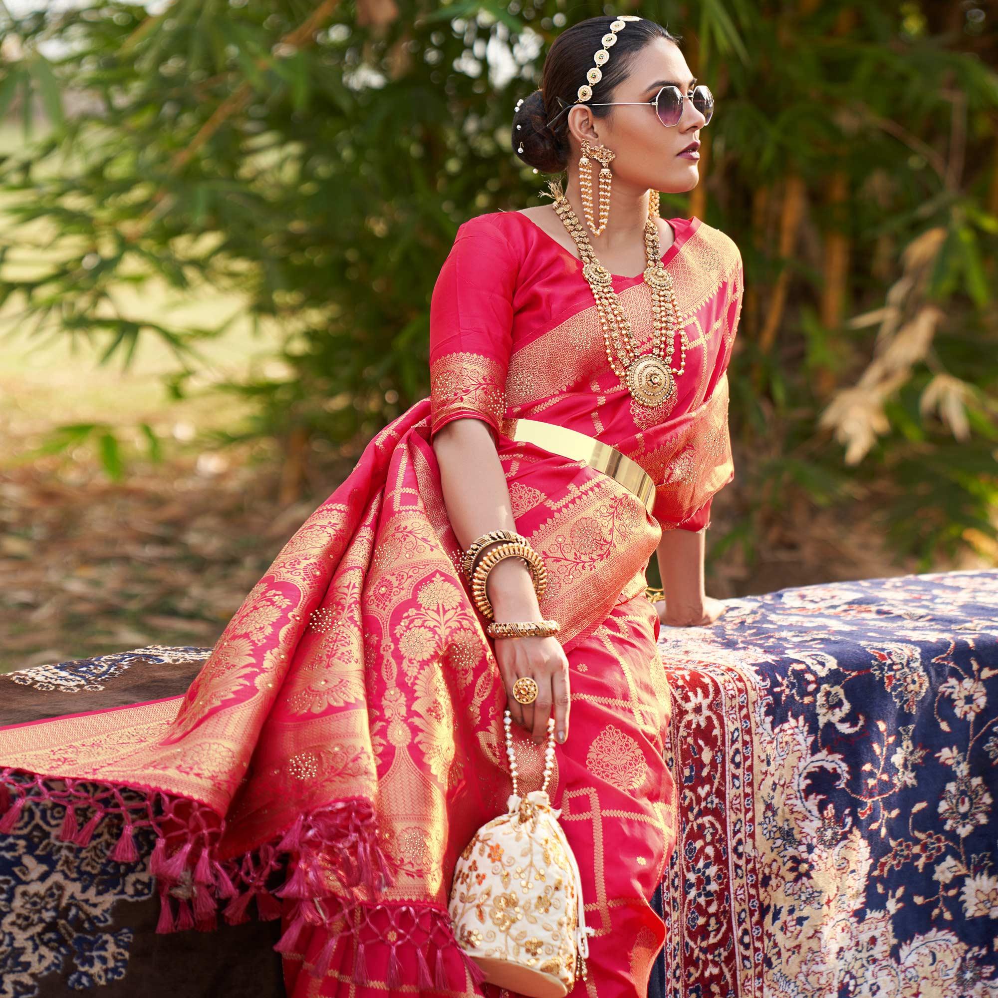 Pink Woven With Embellished Art Silk Saree With Tassels - Peachmode