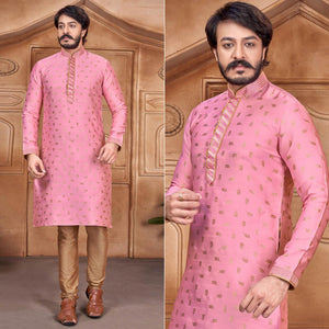 Pink Woven With Embroidered Art Silk Kurta Pyjama Set - Peachmode