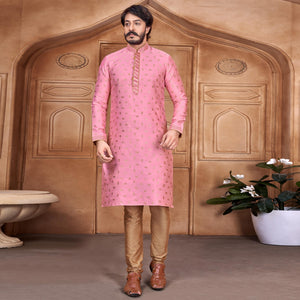 Pink Woven With Embroidered Art Silk Kurta Pyjama Set - Peachmode