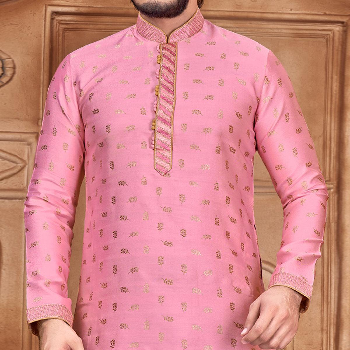 Pink Woven With Embroidered Art Silk Kurta Pyjama Set - Peachmode