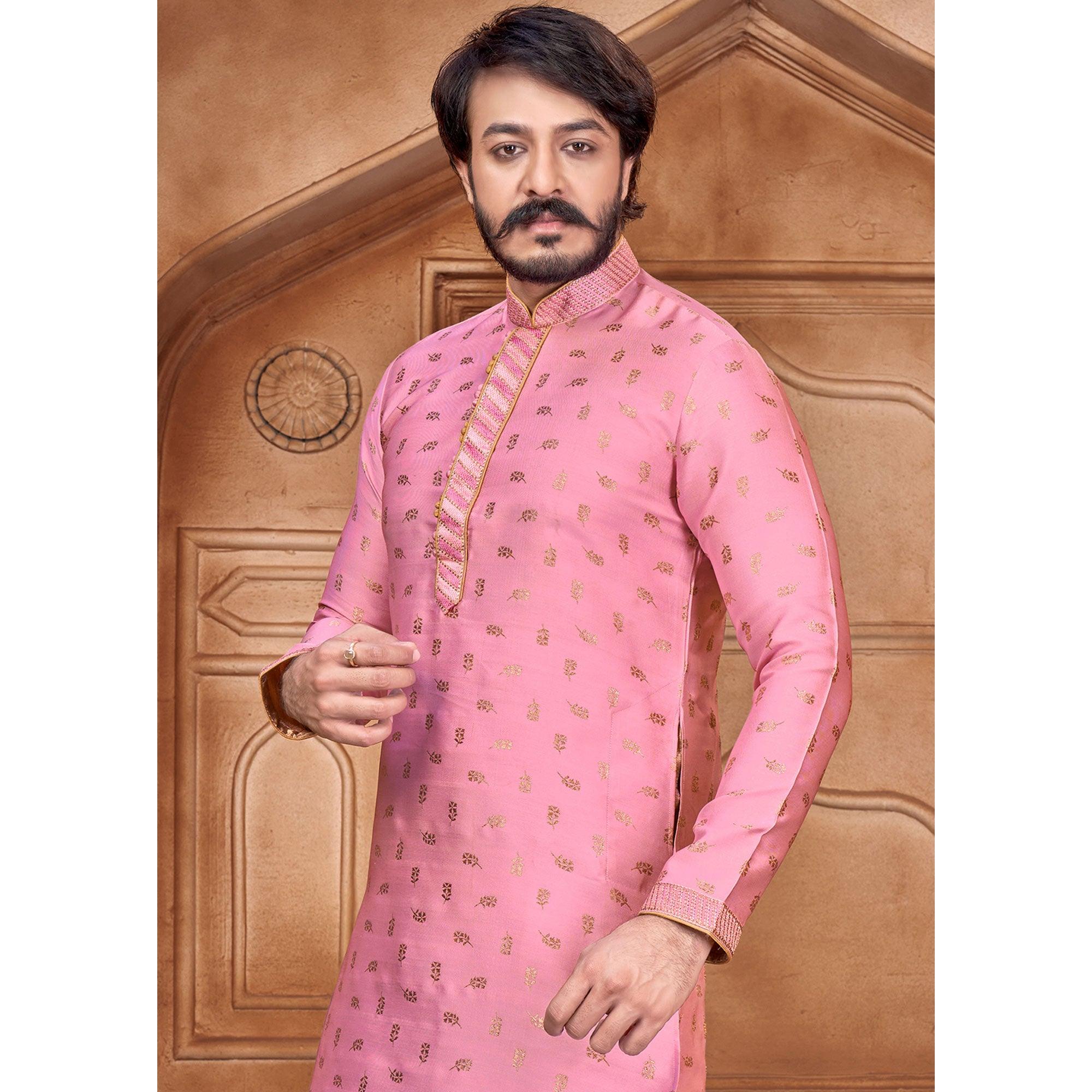 Pink Woven With Embroidered Art Silk Kurta Pyjama Set - Peachmode