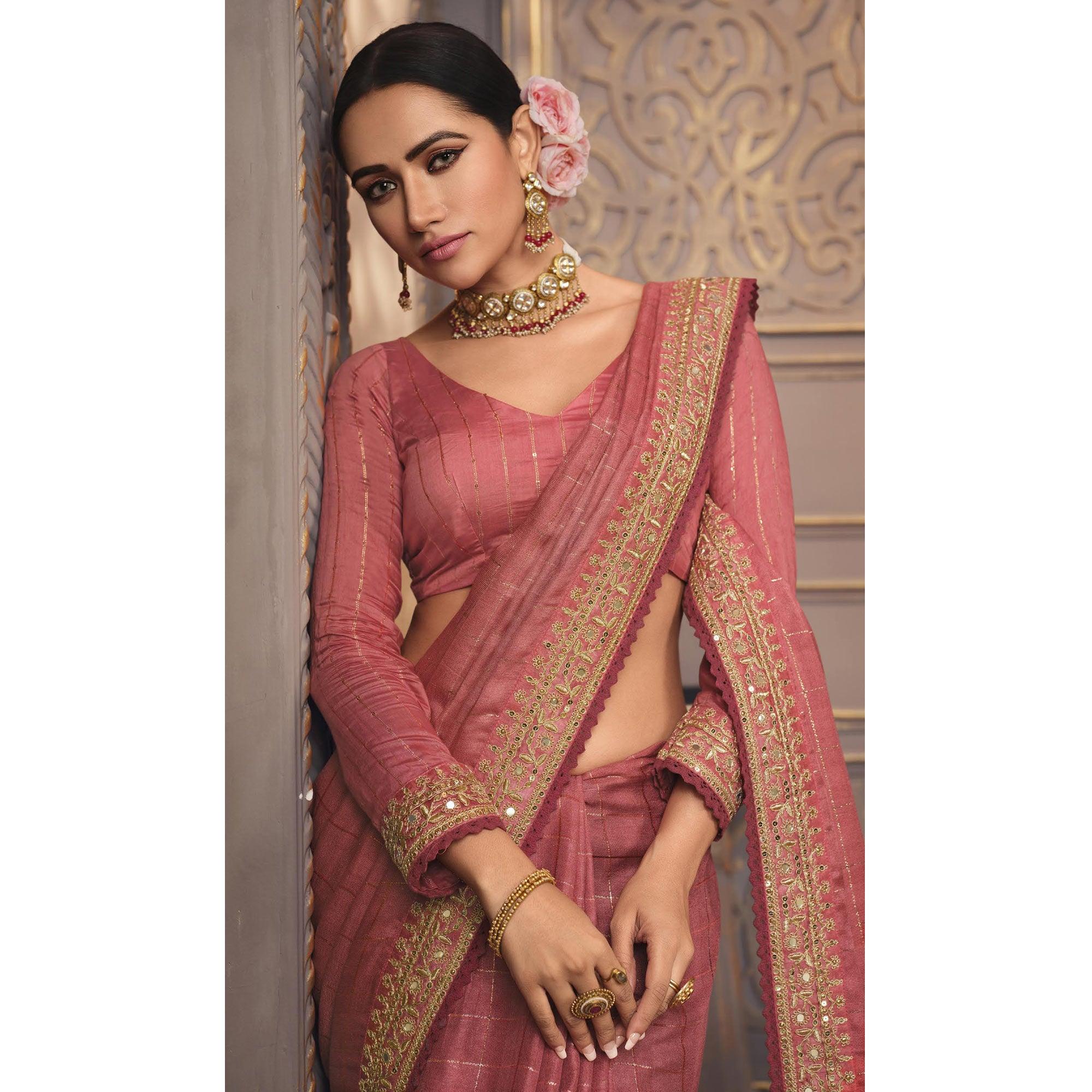 Pink Woven With Embroidered Border Organza Saree - Peachmode