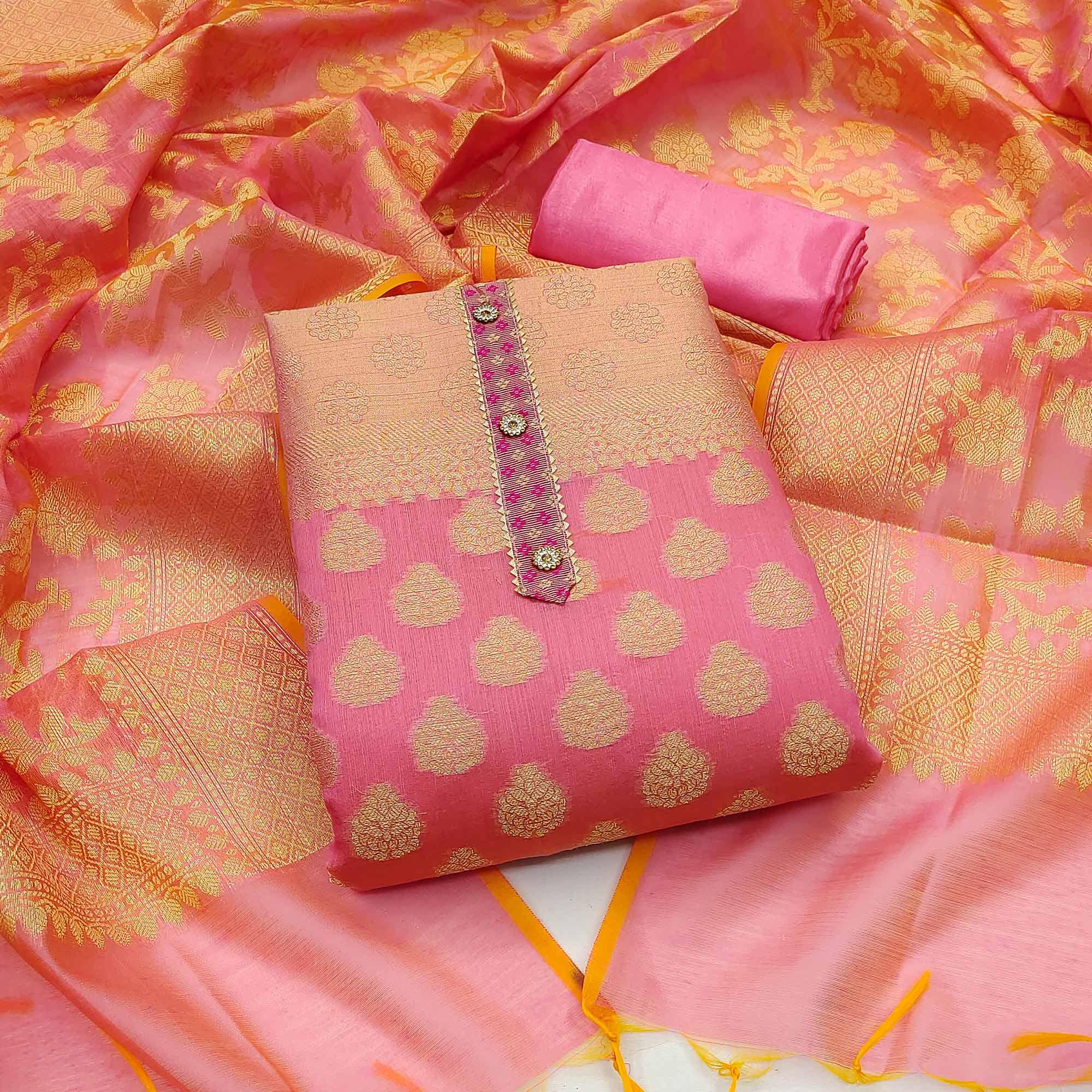 Pink Woven With Gota Patti Work Banarasi Silk Dress Material - Peachmode
