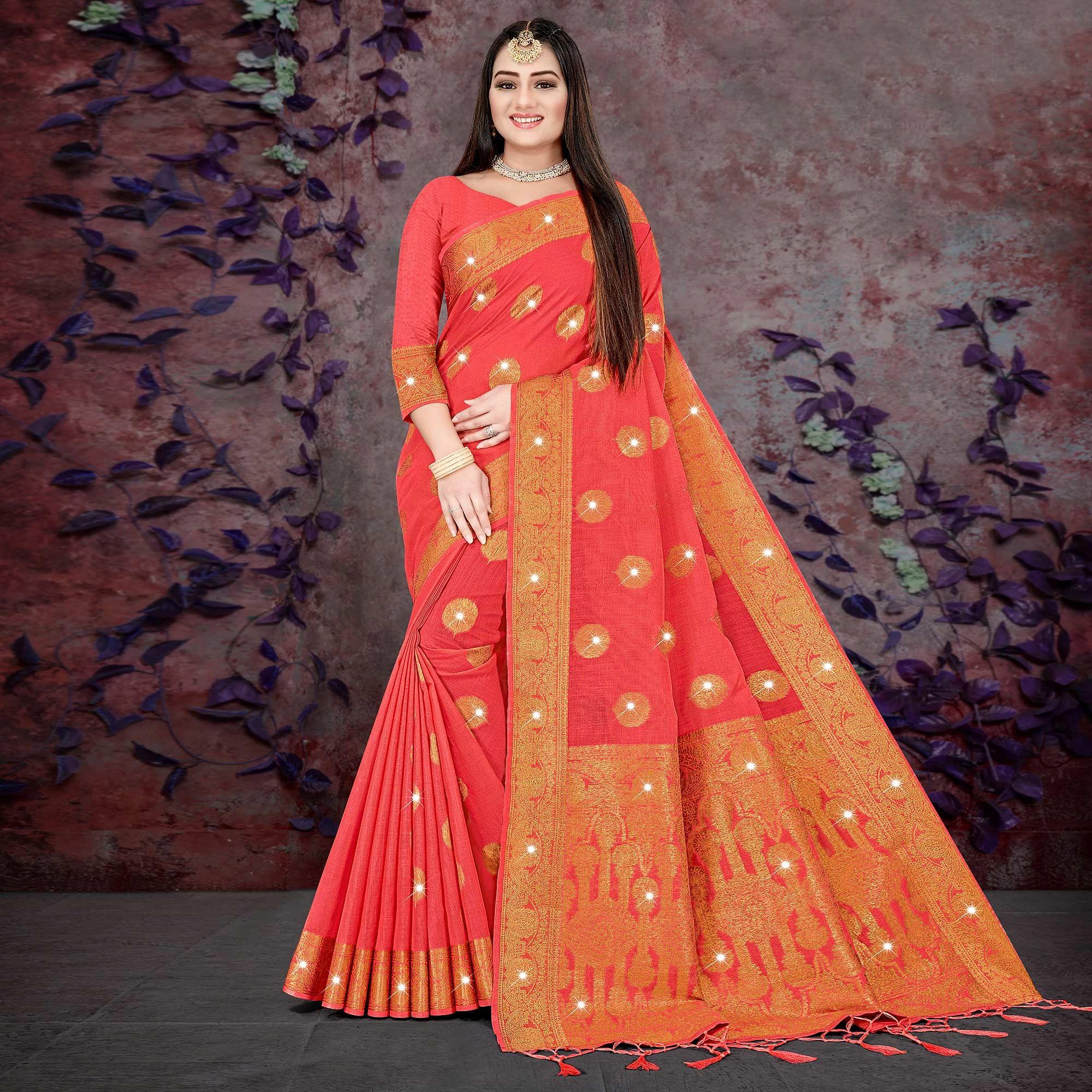 Pink Woven With Swarovski Cotton Silk Saree - Peachmode