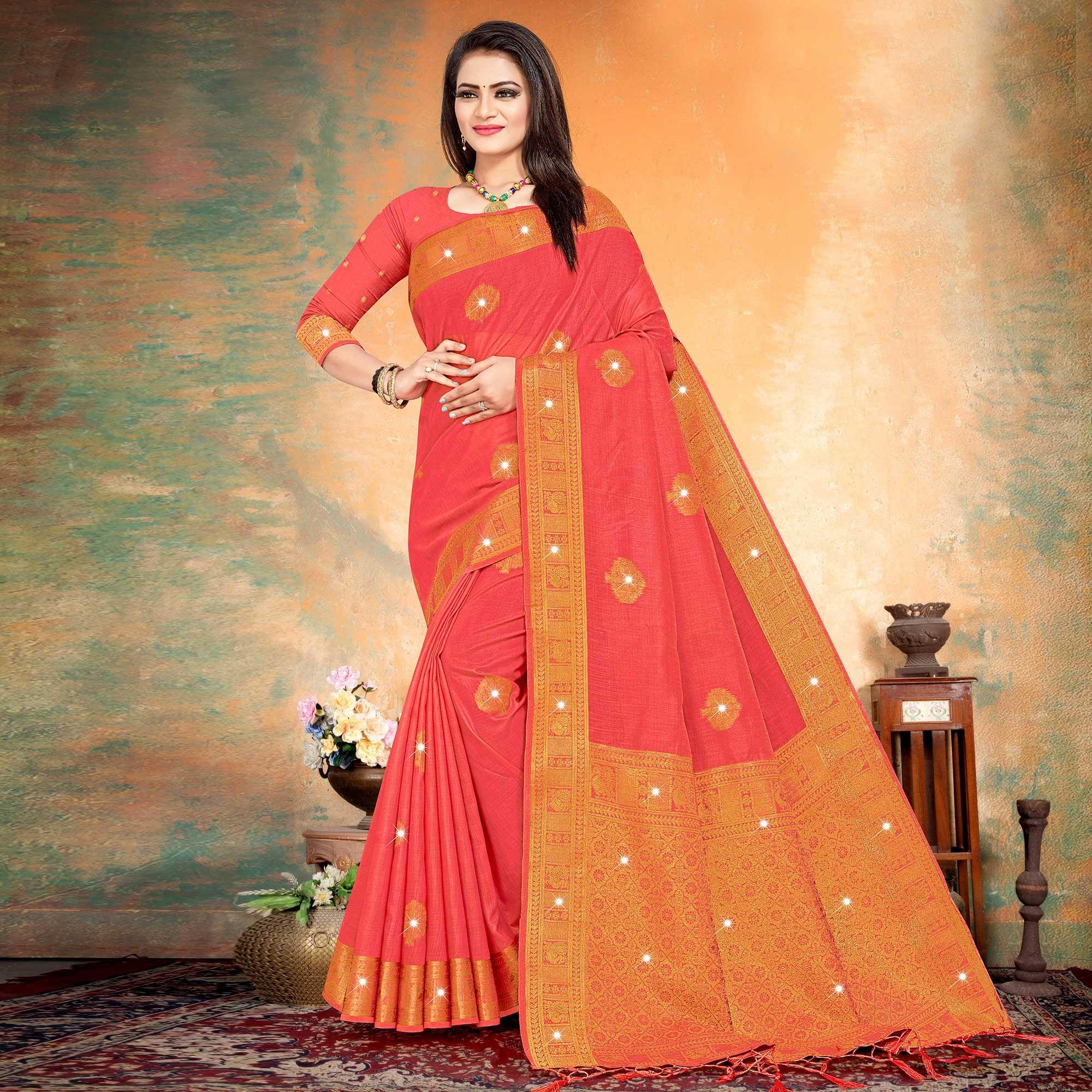 Pink Woven With Swarovski Cotton Silk Saree - Peachmode