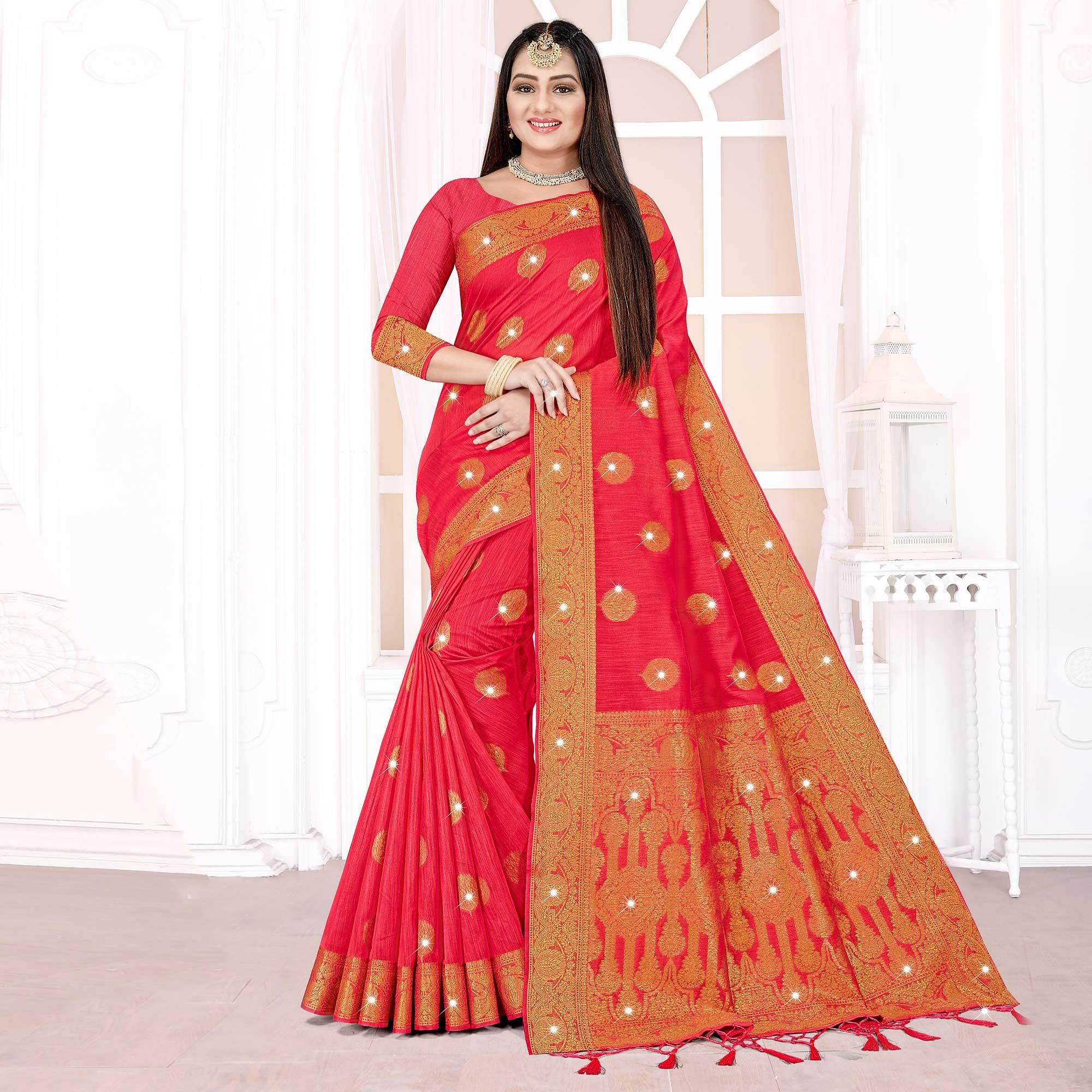 Pink Woven With Swarovski Cotton Silk Saree - Peachmode