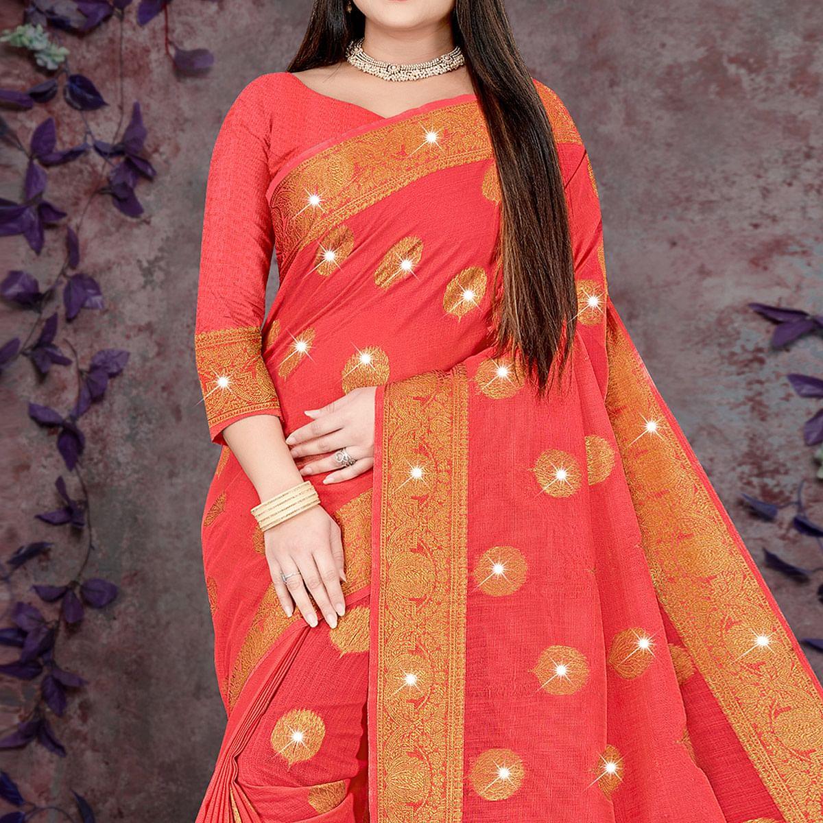 Pink Woven With Swarovski Cotton Silk Saree - Peachmode