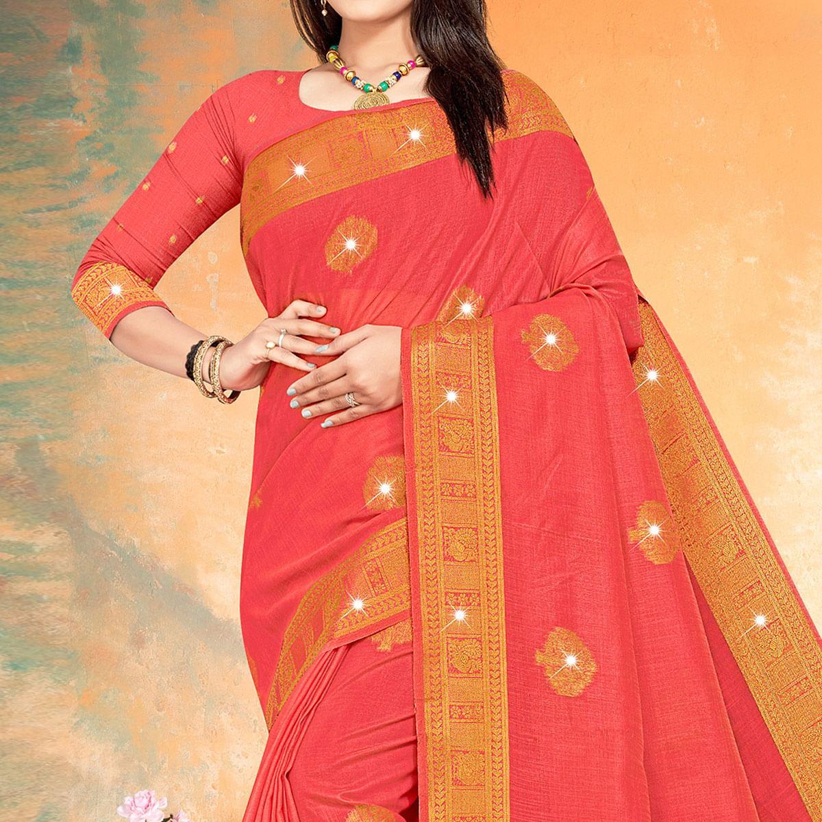 Pink Woven With Swarovski Cotton Silk Saree - Peachmode