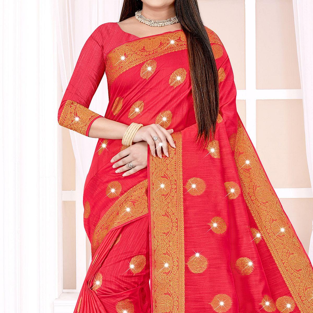 Pink Woven With Swarovski Cotton Silk Saree - Peachmode