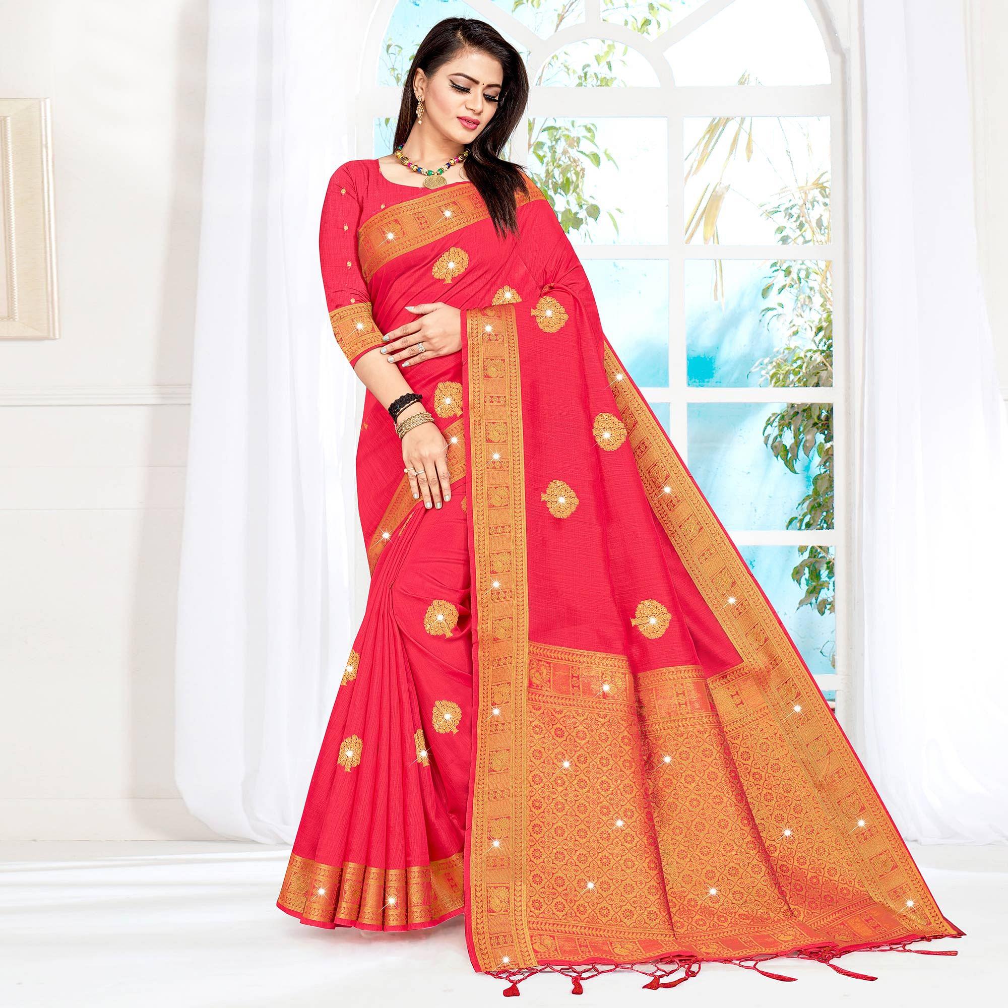 Pink Woven With Swarovski Cotton Silk Saree With Tassels - Peachmode