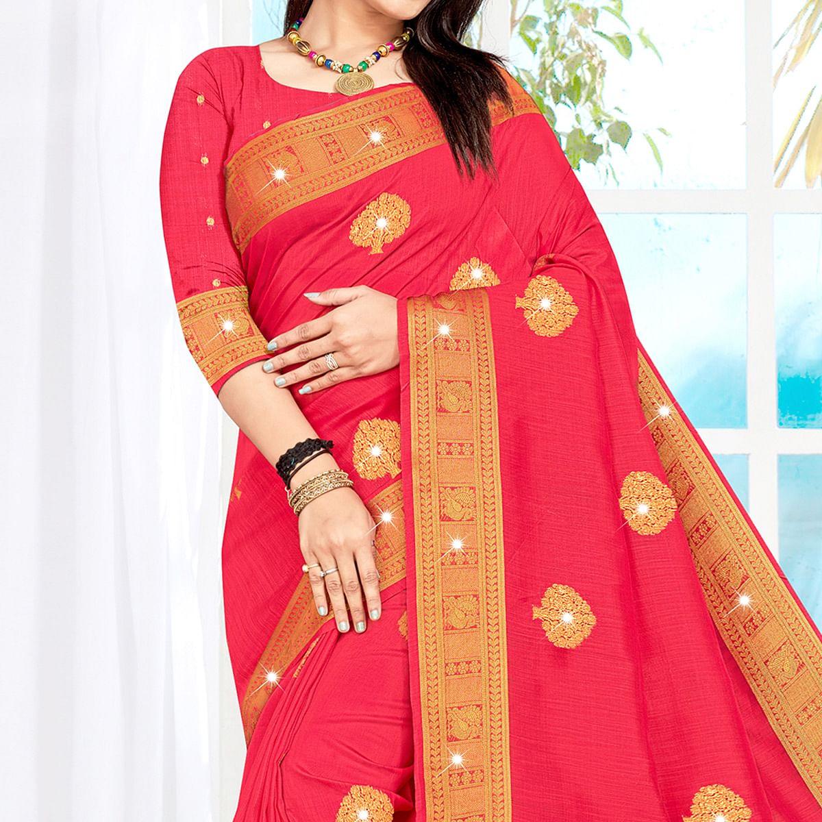 Pink Woven With Swarovski Cotton Silk Saree With Tassels - Peachmode