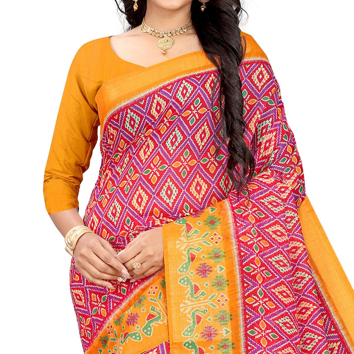 Pink-Yellow Festive Wear Floral Printed Cotton linen Saree - Peachmode