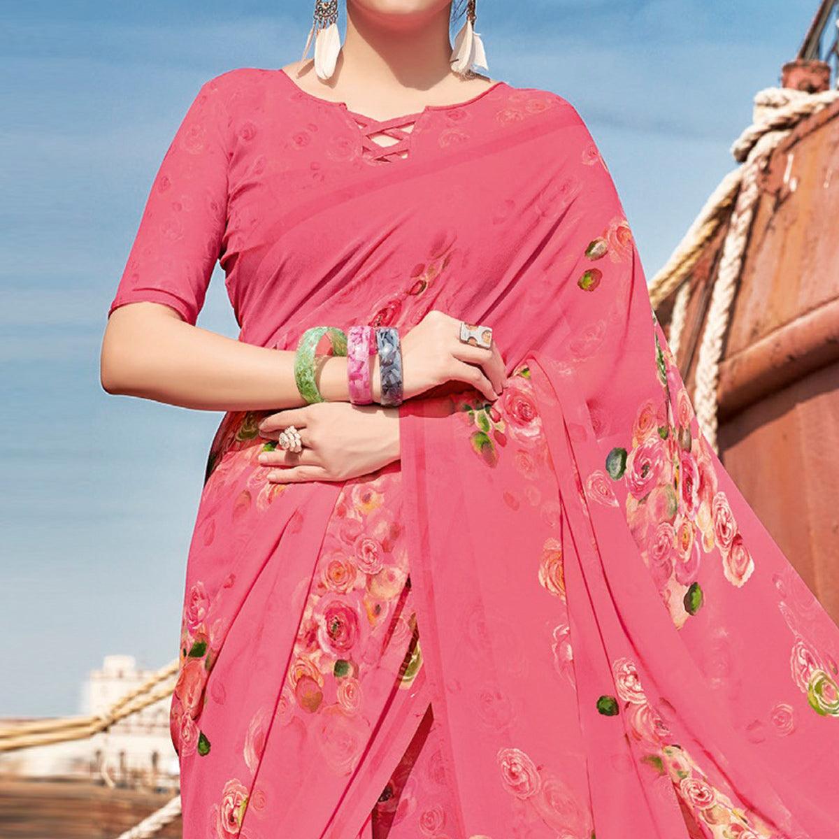 Pink -Yellow Festive Wear Floral Printed Georgette Saree - Peachmode