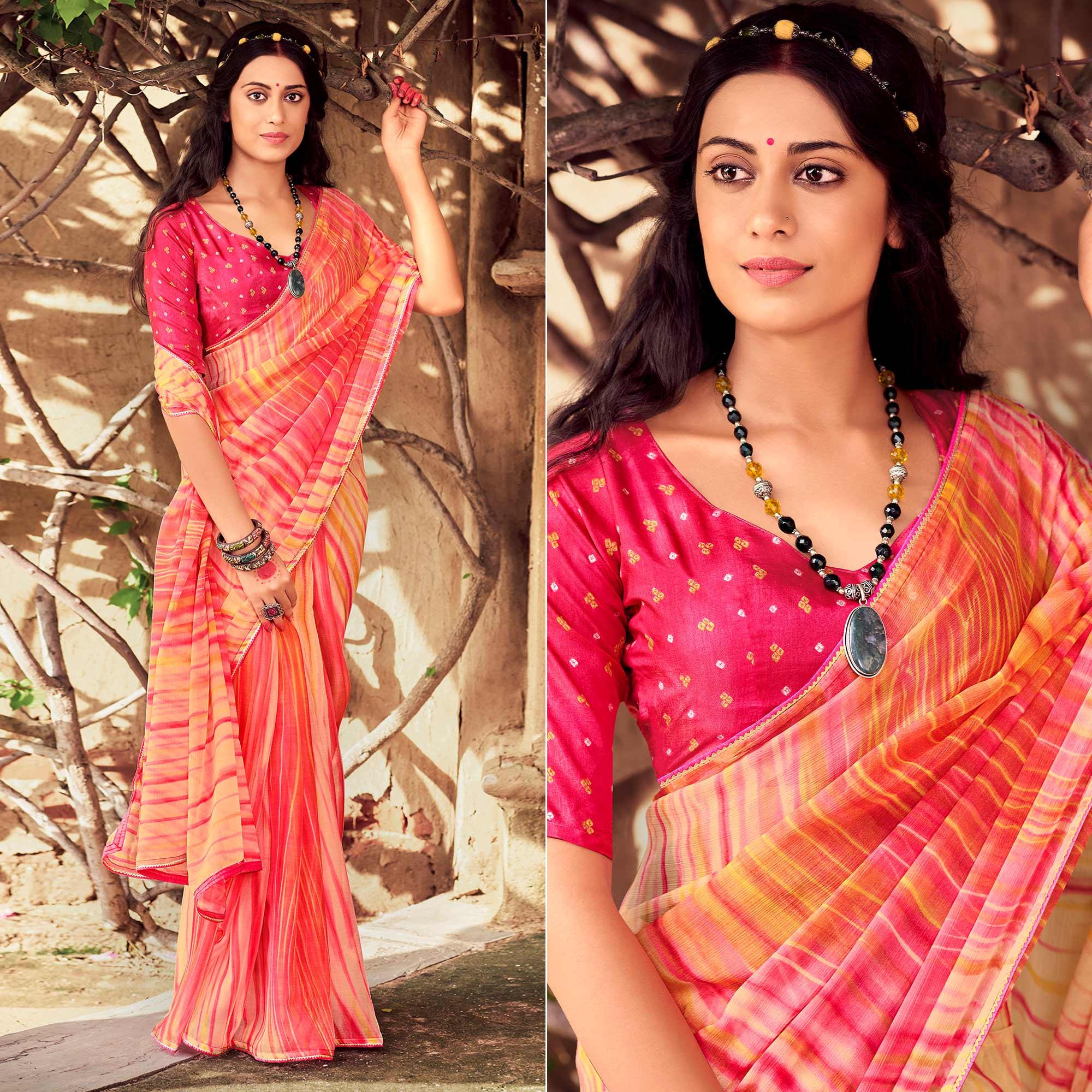 Pink-Yellow Printed With Gota Patti Border Chiffon Saree - Peachmode