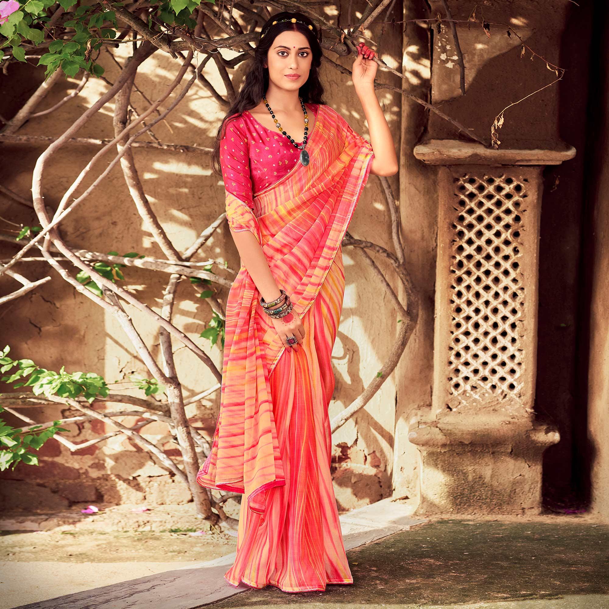 Pink-Yellow Printed With Gota Patti Border Chiffon Saree - Peachmode