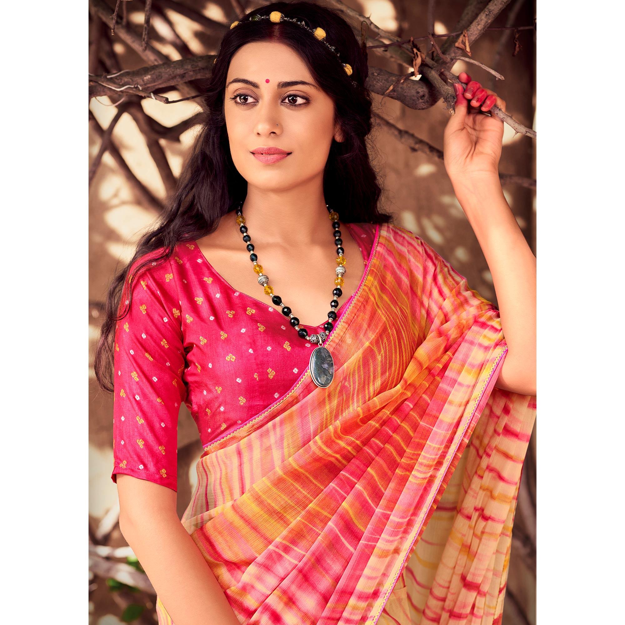 Pink-Yellow Printed With Gota Patti Border Chiffon Saree - Peachmode