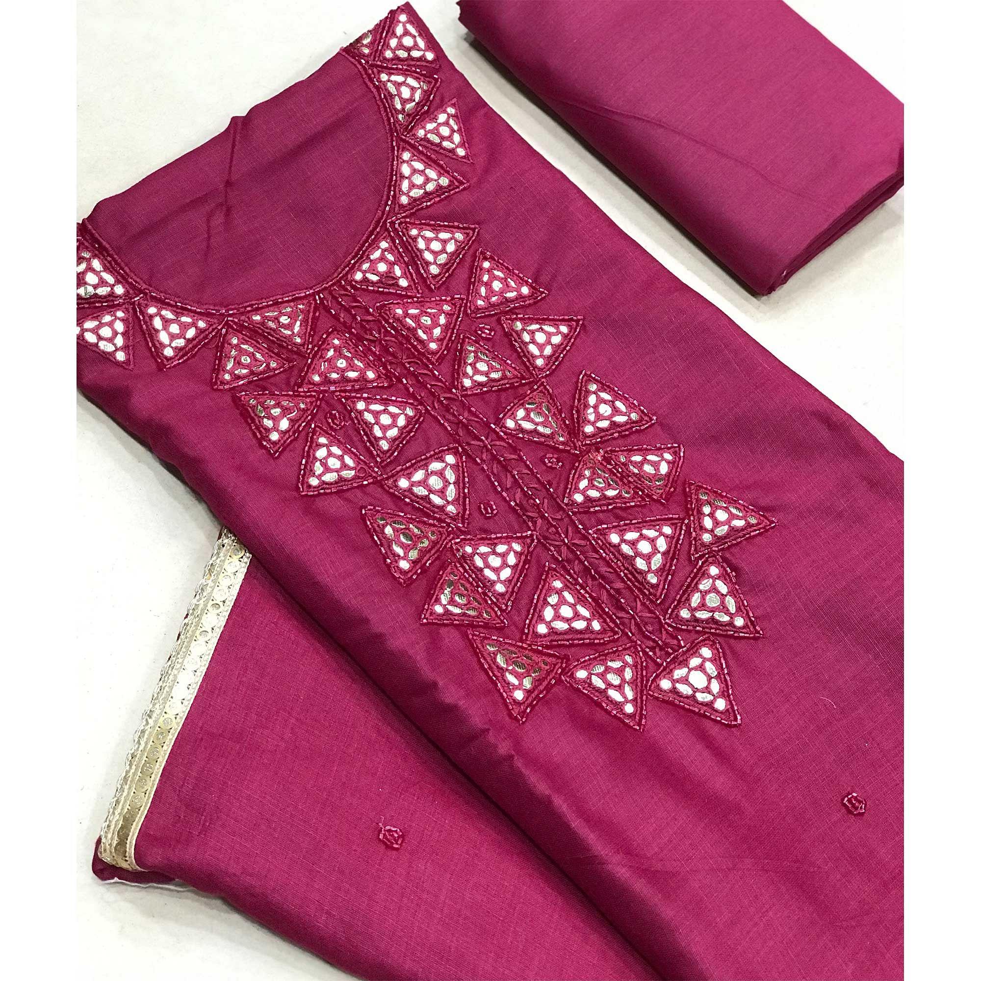 Pink Zardosi Embroidered Cotton Dress Material - Peachmode