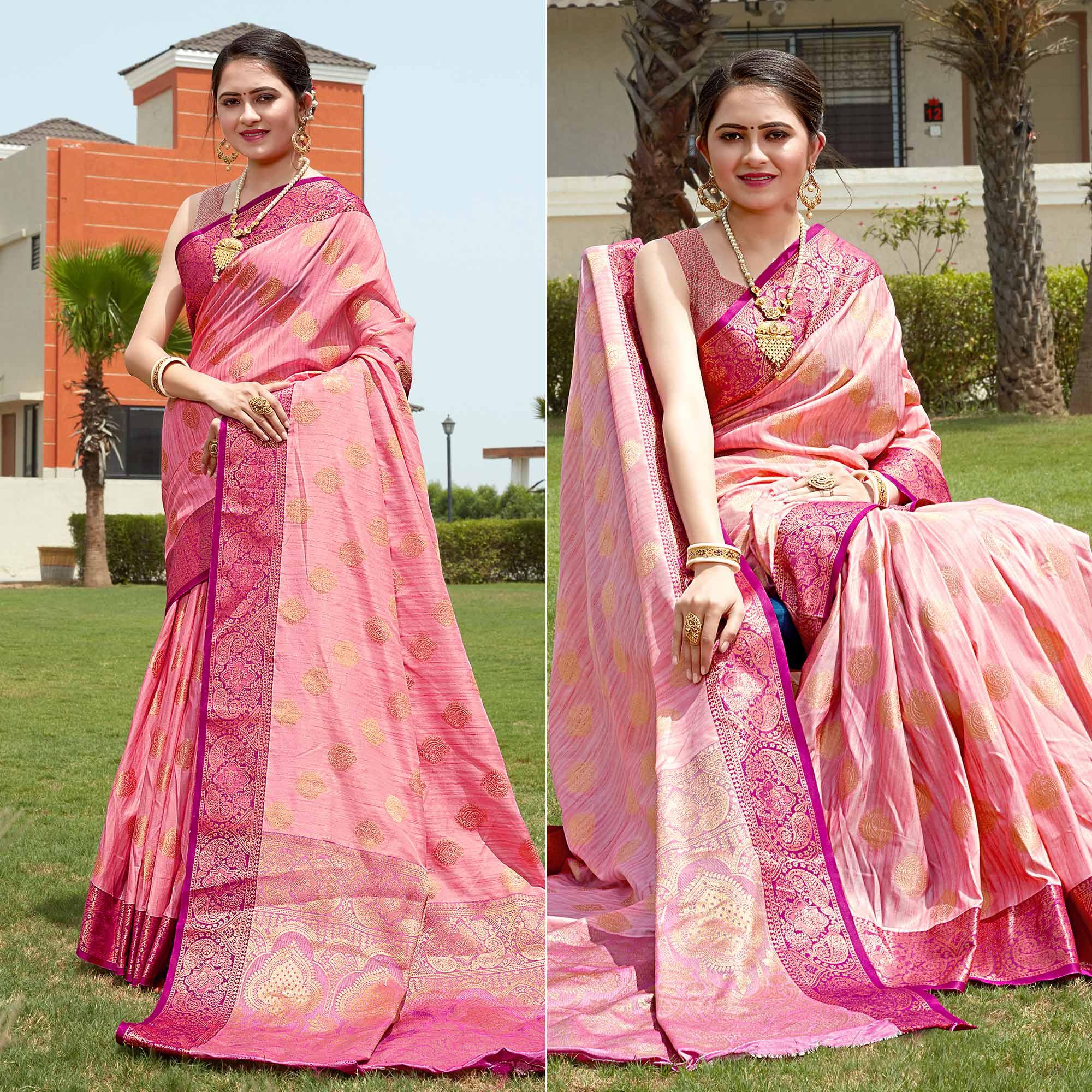 Pink Zari Woven Art Silk Saree - Peachmode