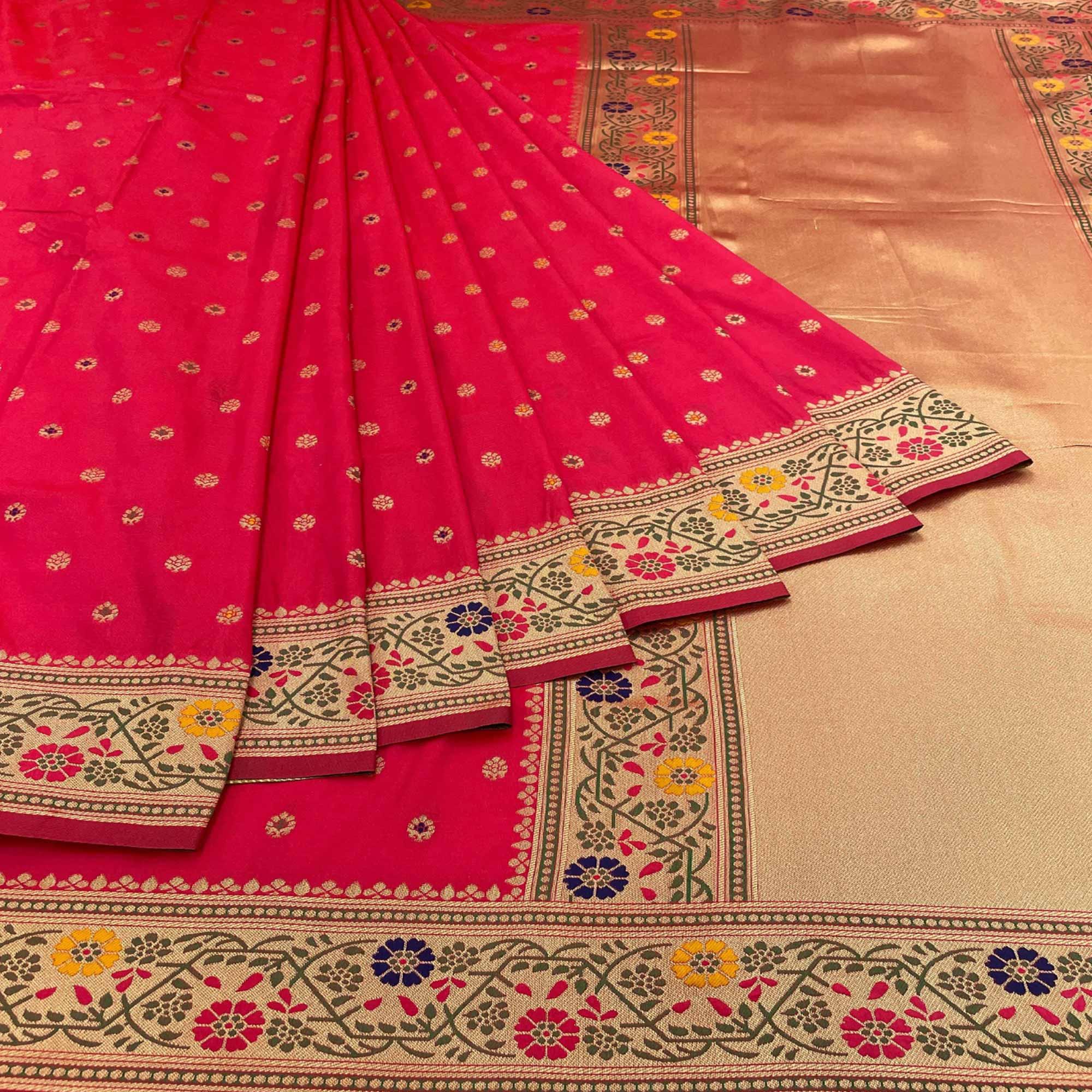 Pink Zari Woven Art Silk Saree - Peachmode
