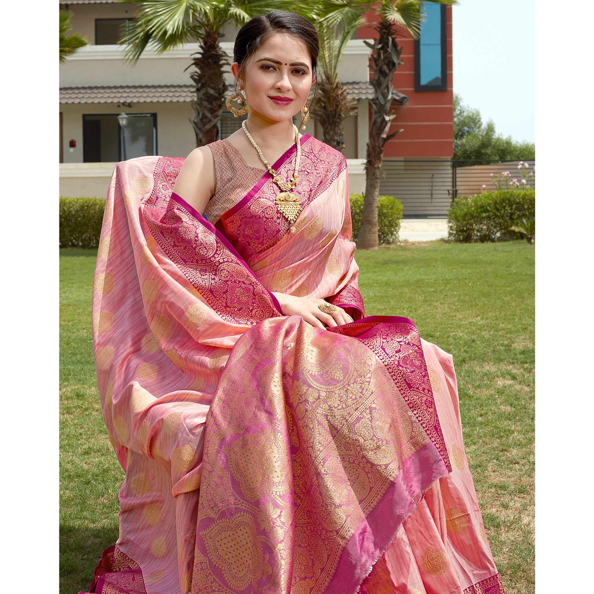 Pink Zari Woven Art Silk Saree - Peachmode