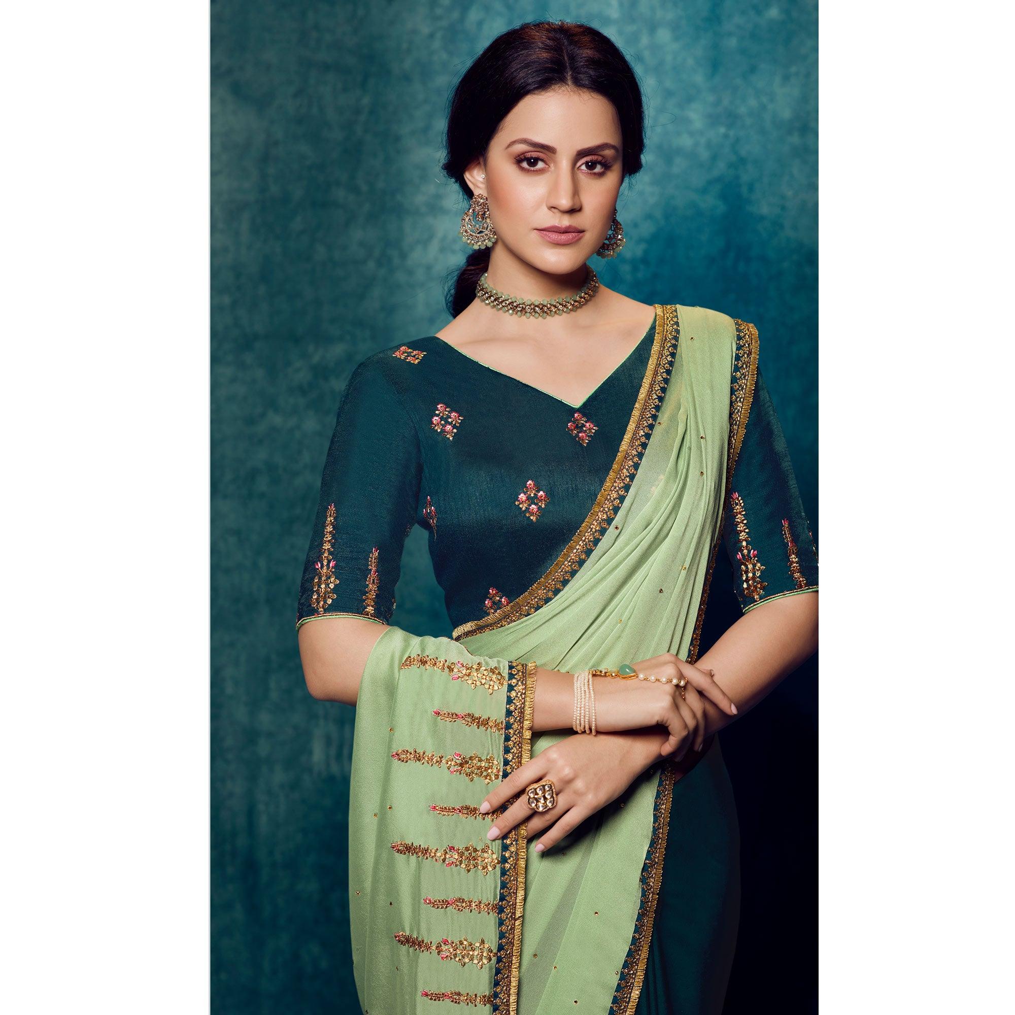 Pista - Blue Festive Wear Embroidered Silk - Satin Silk Half Half Saree - Peachmode