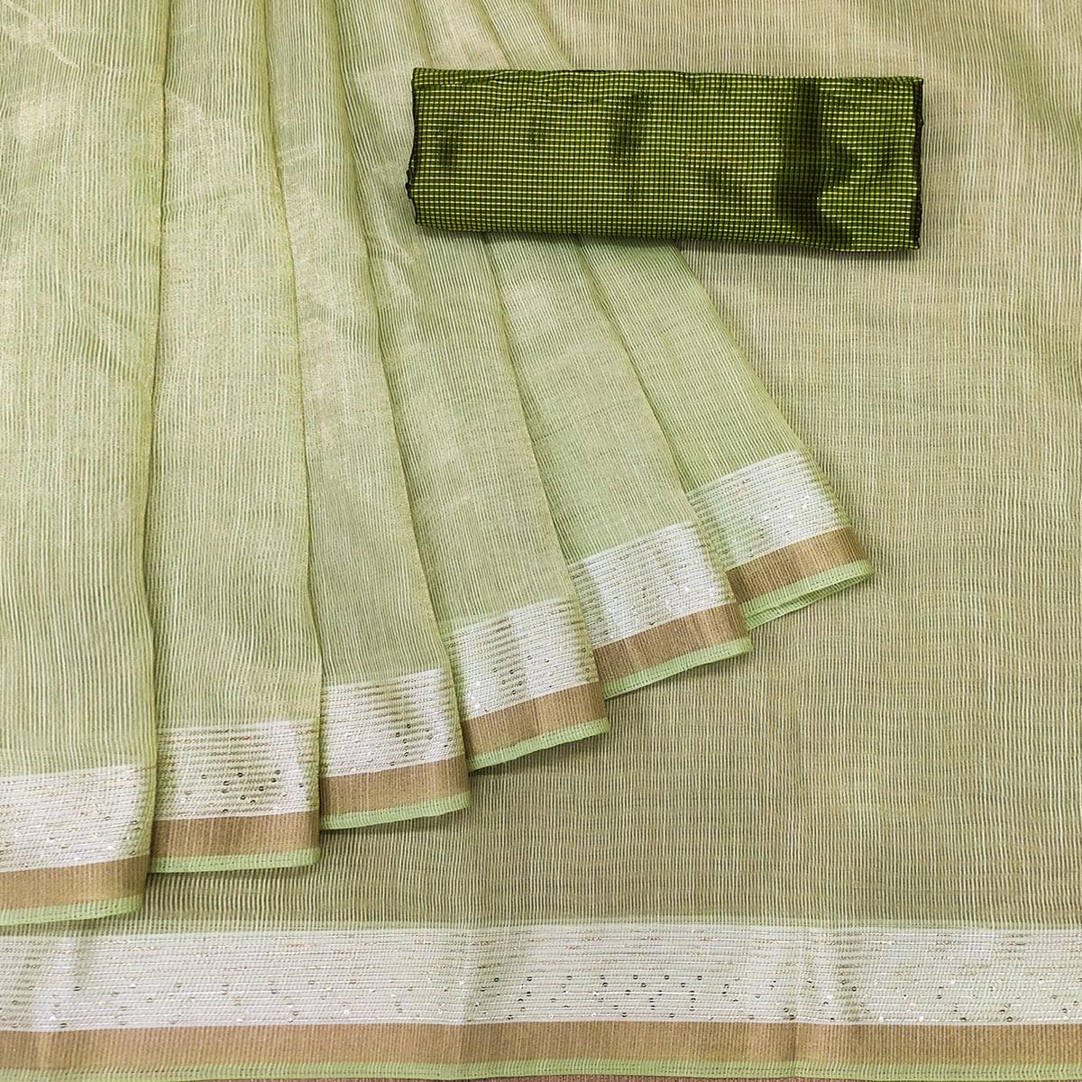 Pista Casual Wear Embroidered Cotton Saree With Tassels - Peachmode