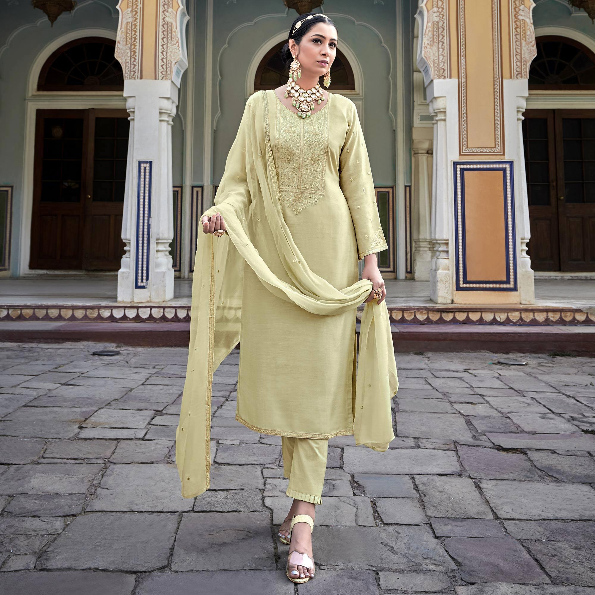 Pista Embroidered Cotton Silk Suit - Peachmode