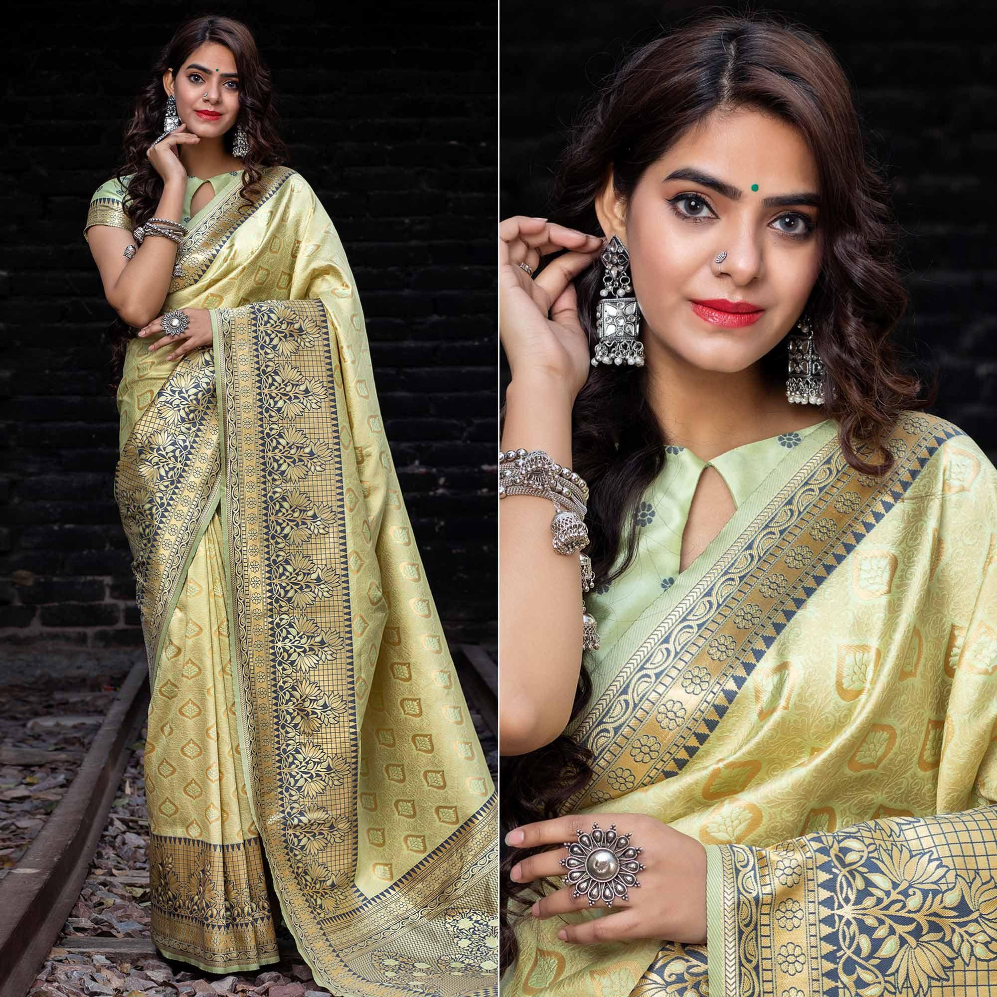 Pista Festive Wear Woven Banarasi Silk Saree - Peachmode
