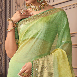 Pista Green & Yellow Woven With Fancy Border Organza Saree - Peachmode