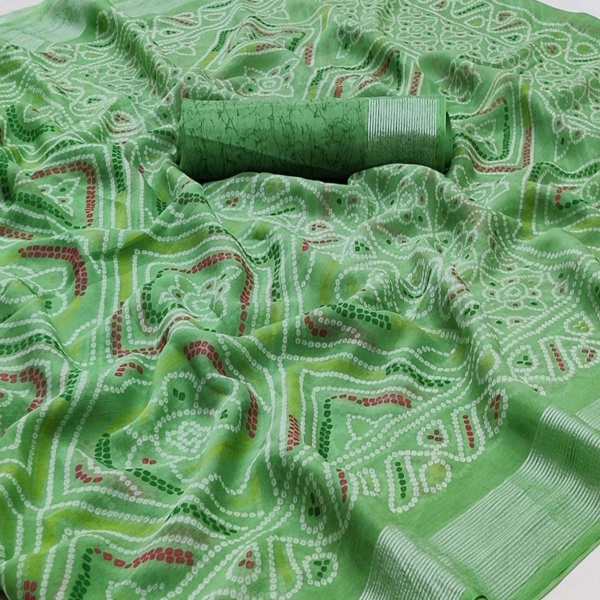 Pista Green Casual Wear Bandhani Printed Chiffon Saree - Peachmode