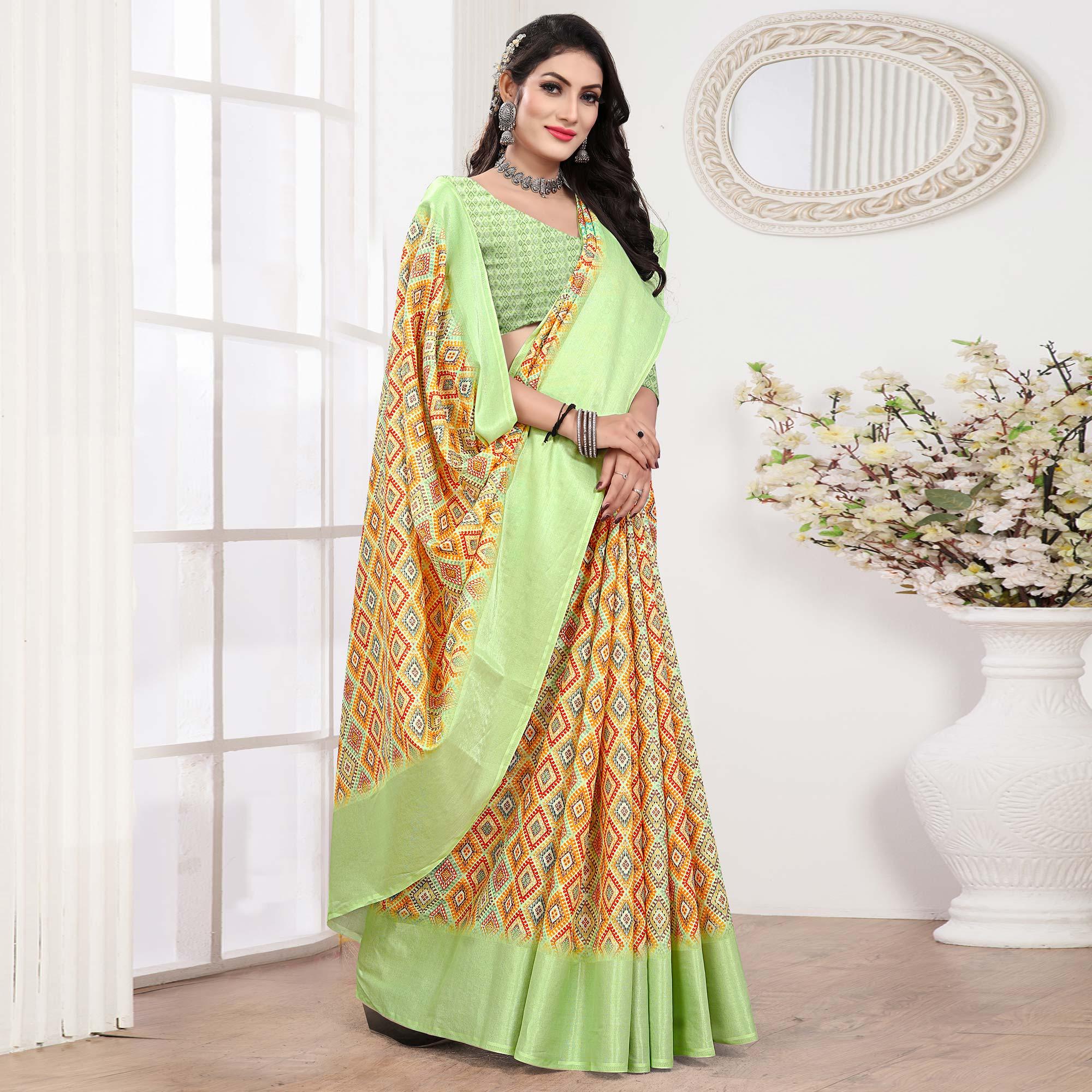 Pista Green Casual Wear Digital Printed Cotton Silk Saree - Peachmode