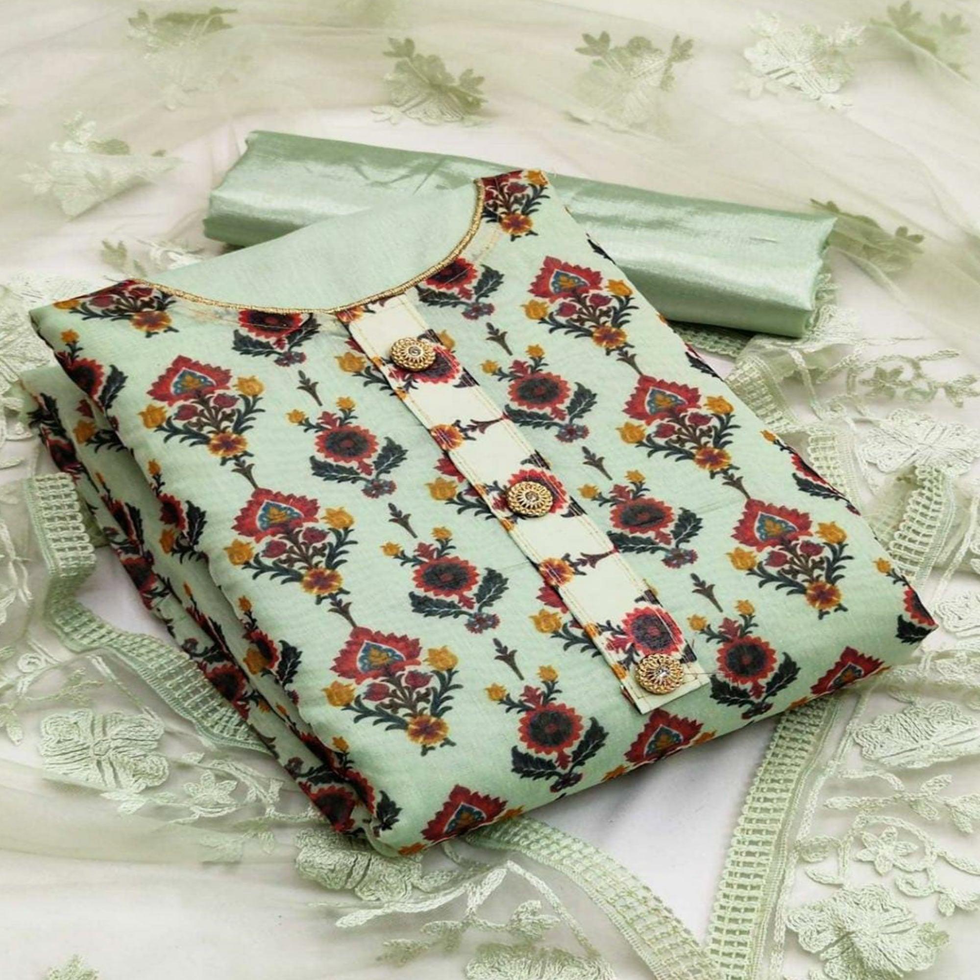 Pista Green Casual Wear Digital Printed Modal Chanderi Dress Material - Peachmode