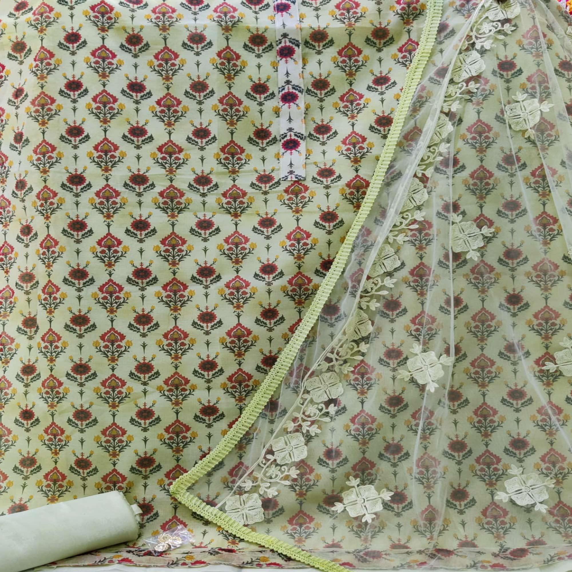Pista Green Casual Wear Digital Printed Modal Chanderi Dress Material - Peachmode