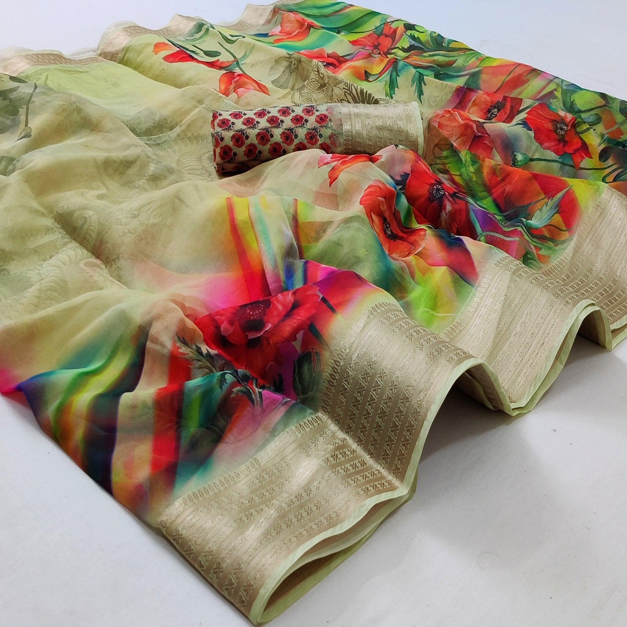 Pista Green Casual Wear Floral Digital Printed Georgatte Saree - Peachmode