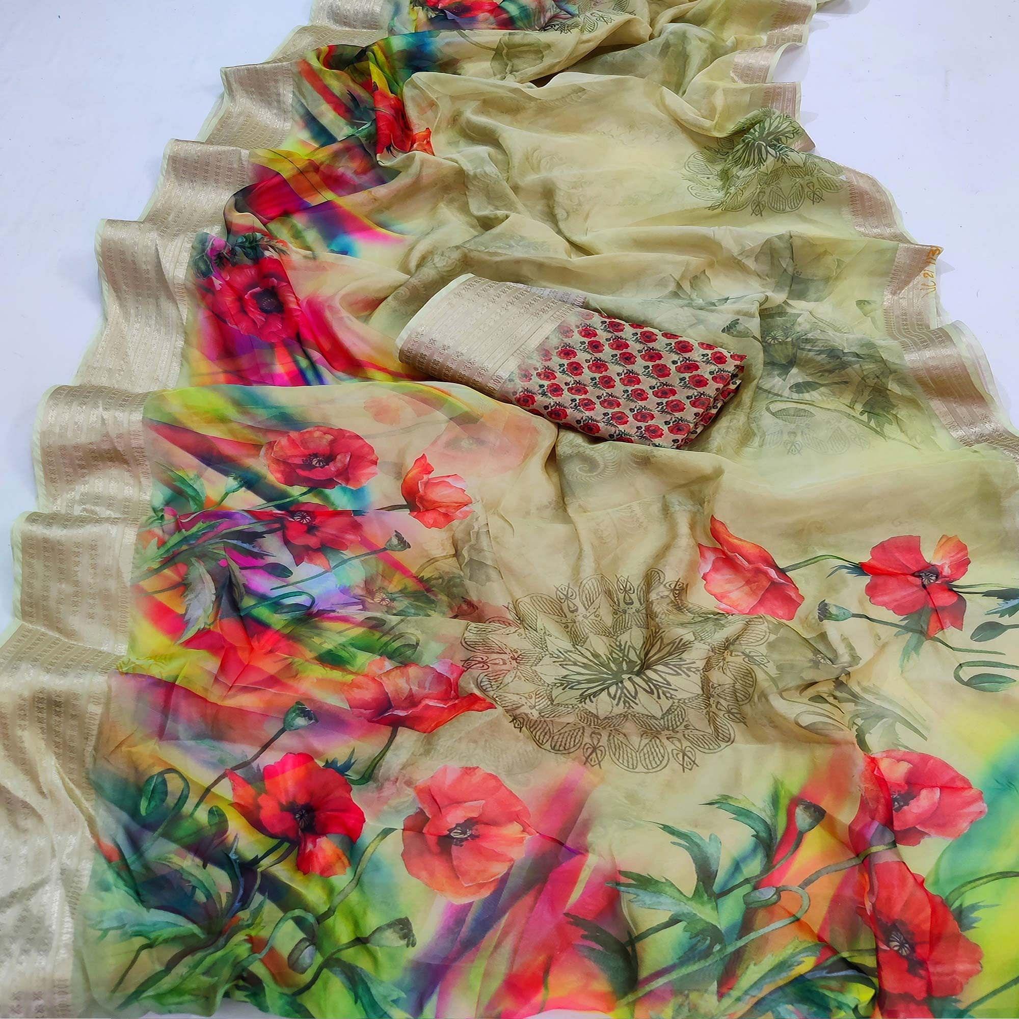 Pista Green Casual Wear Floral Digital Printed Georgatte Saree - Peachmode