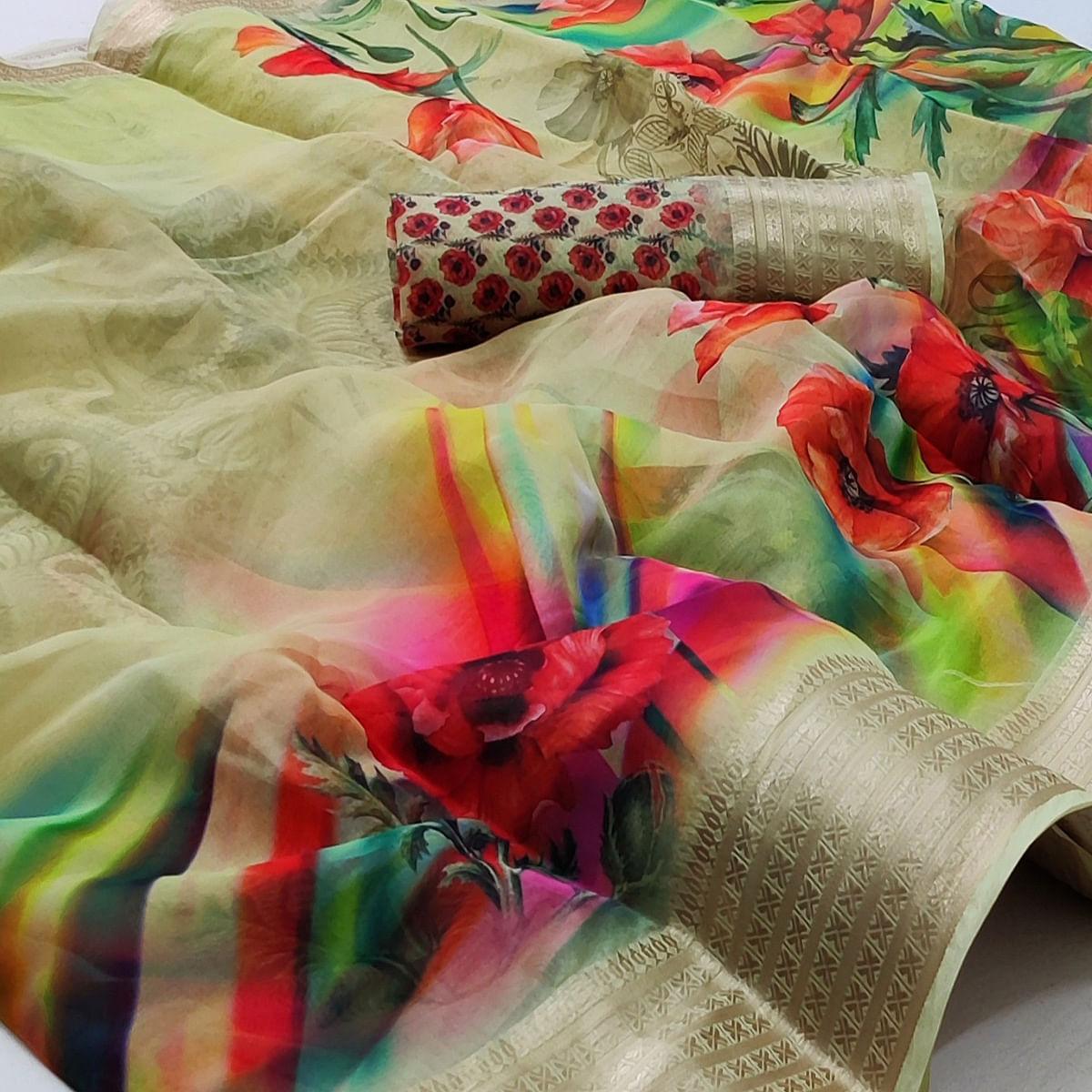 Pista Green Casual Wear Floral Digital Printed Georgatte Saree - Peachmode