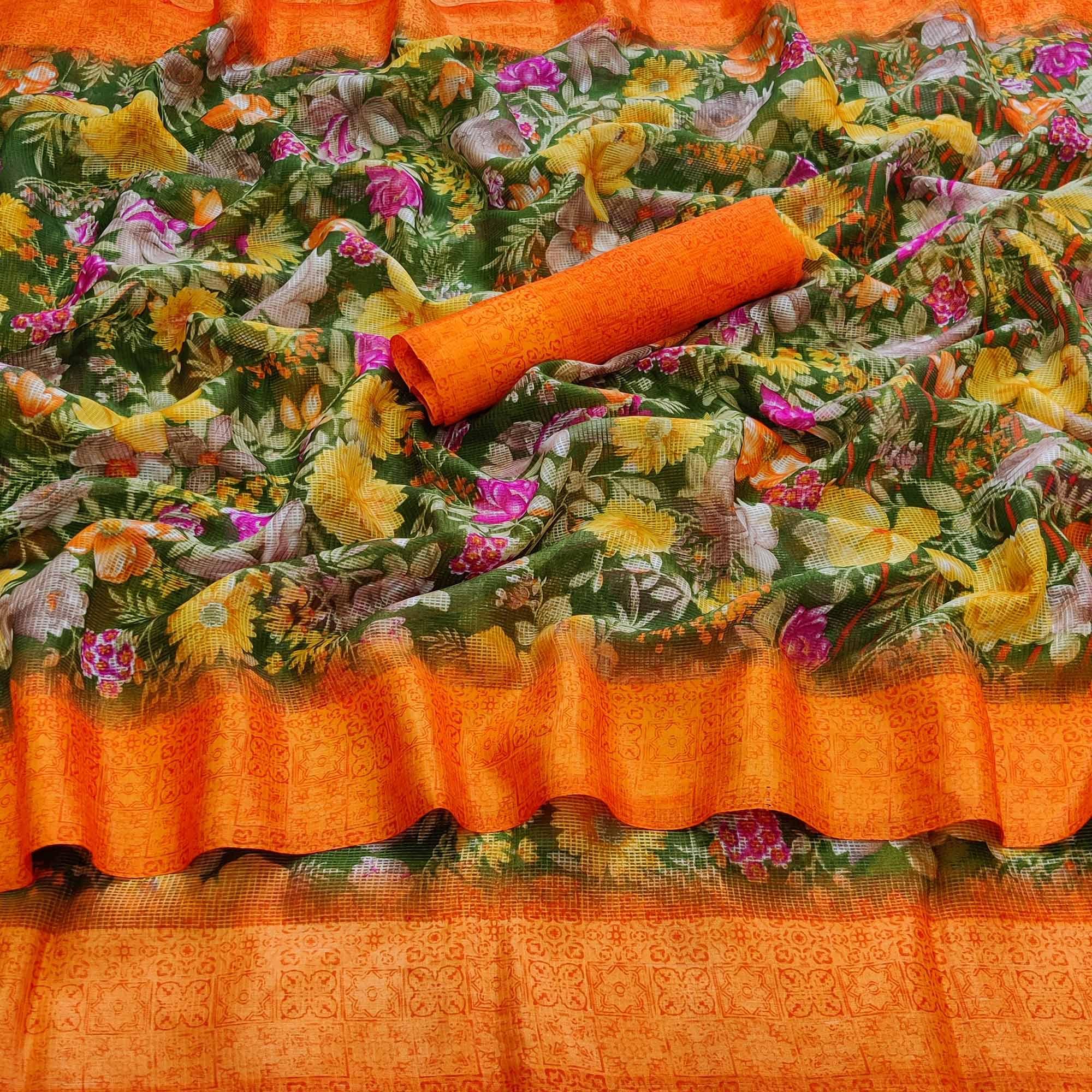 Pista Green Casual Wear Floral Digital Printed linen Saree - Peachmode