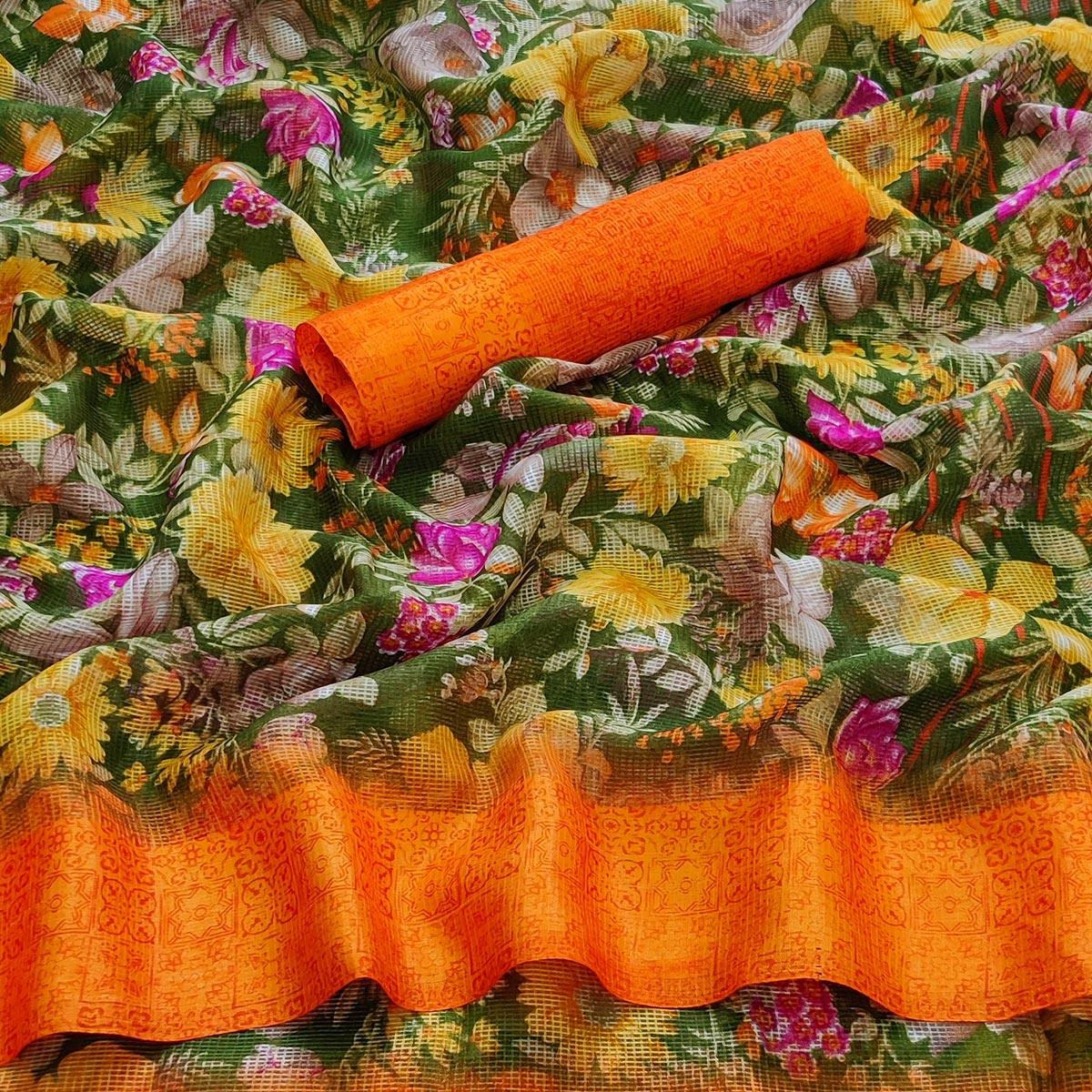 Pista Green Casual Wear Floral Digital Printed linen Saree - Peachmode