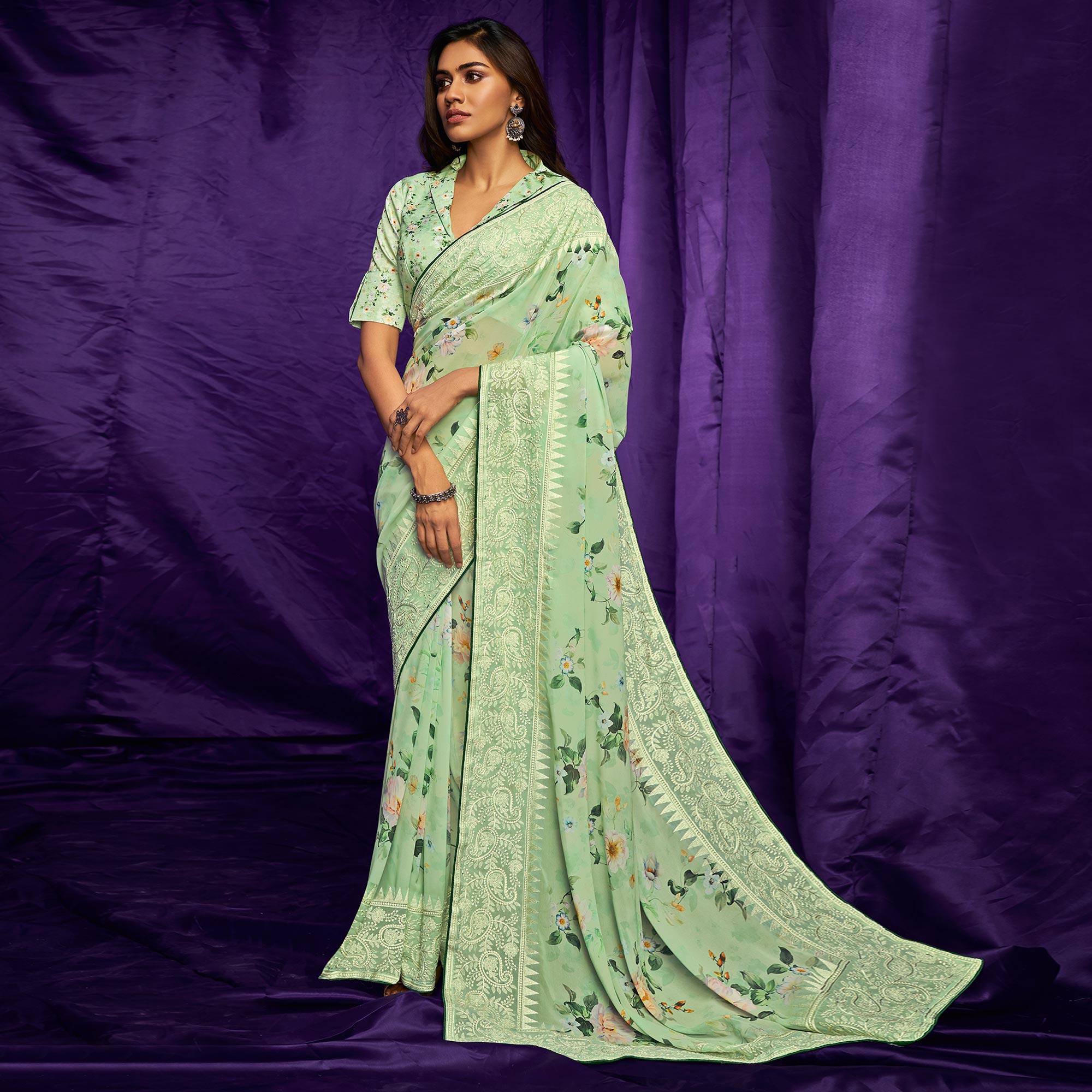 Pista Green Casual Wear Floral Digital Printed Pure Georgette Saree - Peachmode