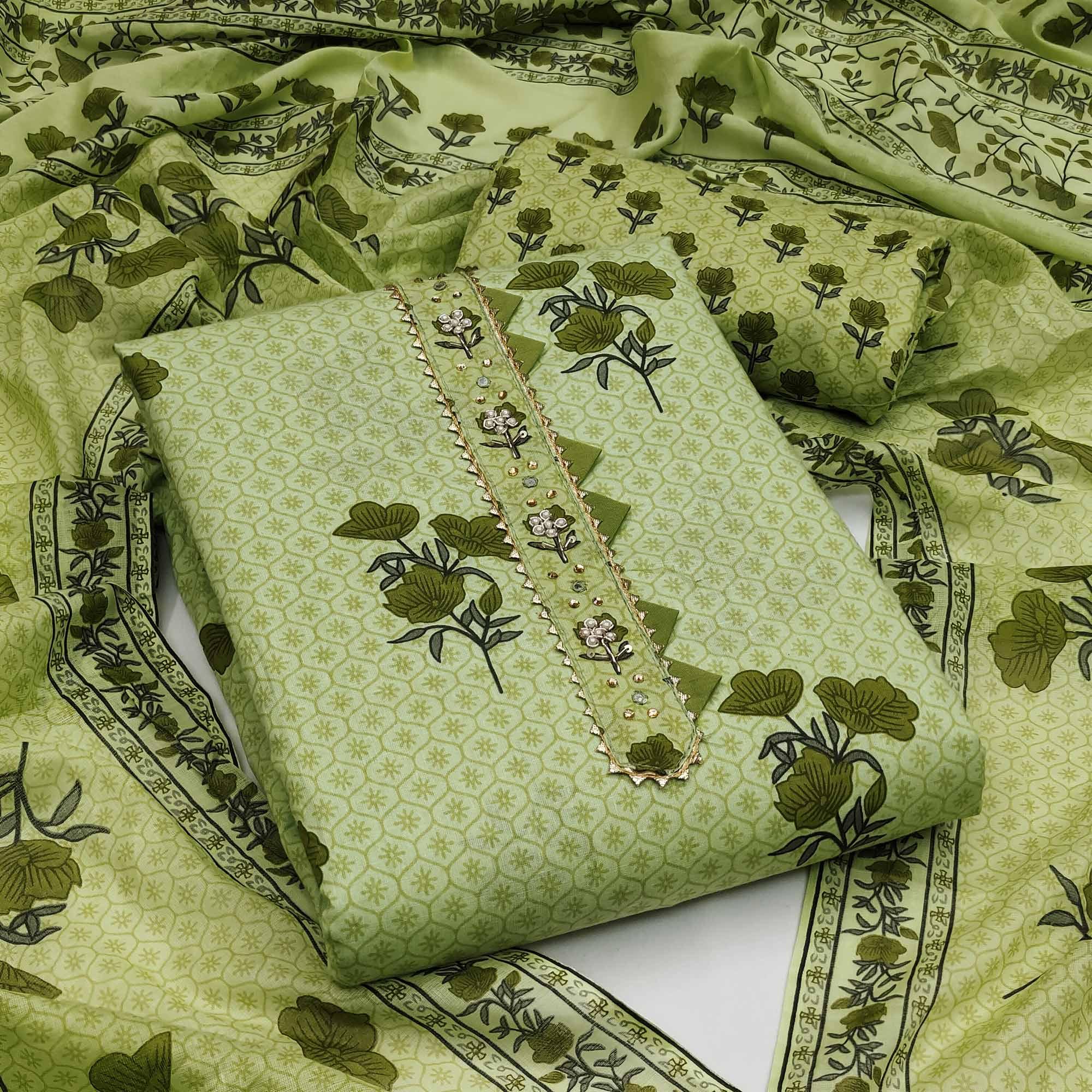 Pista Green Casual Wear Floral Print With Embellished Cotton Dress Material - Peachmode
