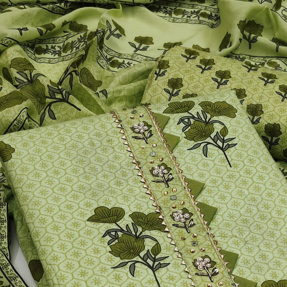 Pista Green Casual Wear Floral Print With Embellished Cotton Dress Material - Peachmode