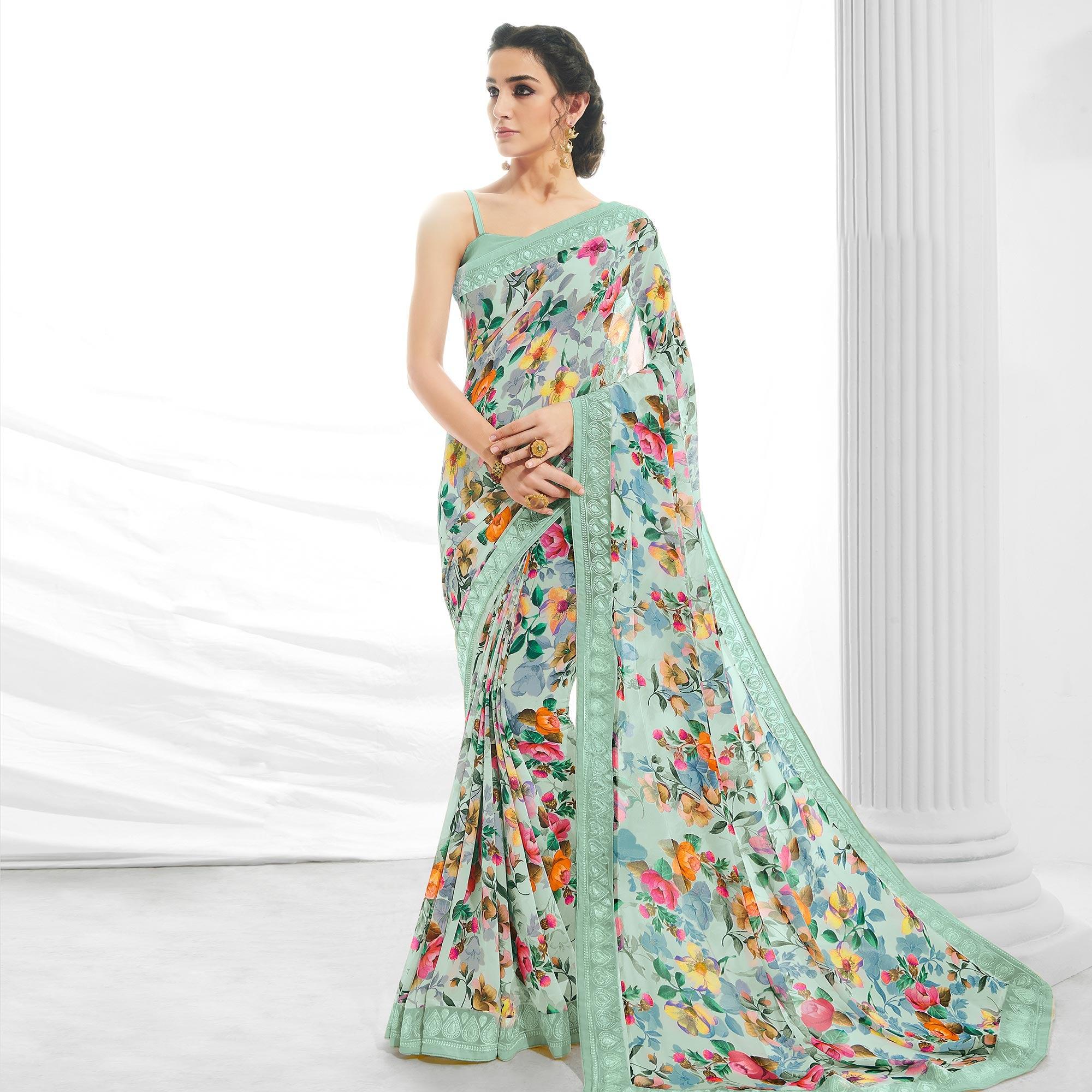 Pista Green Casual Wear Floral Printed Georgette Saree - Peachmode