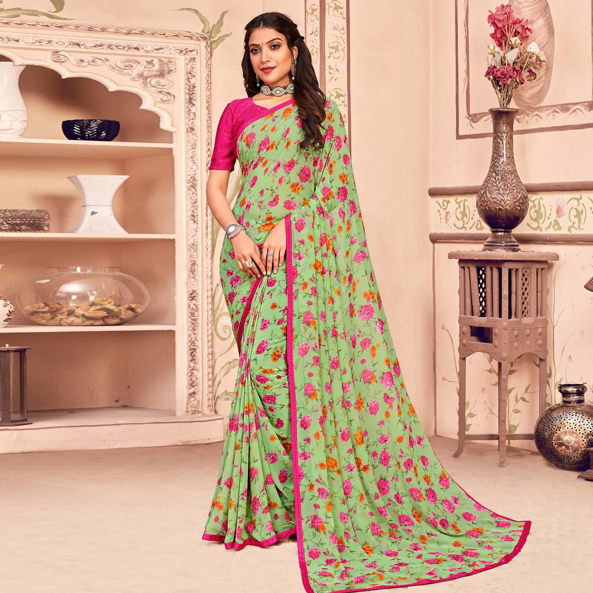 Pista Green Casual Wear Floral Printed Georgette Saree - Peachmode