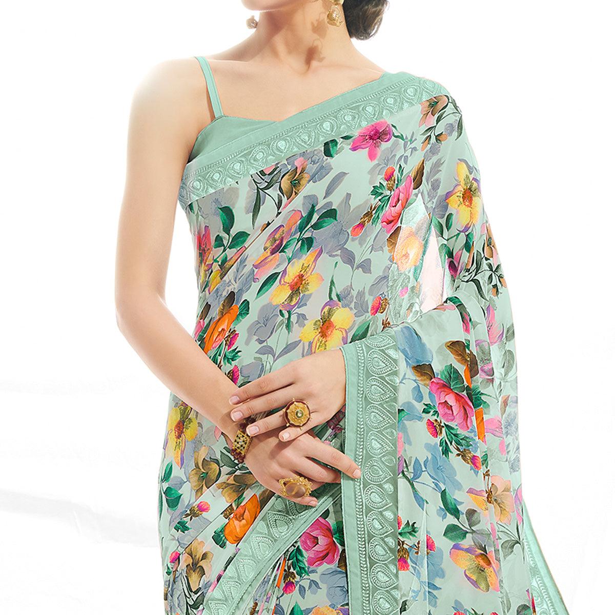 Pista Green Casual Wear Floral Printed Georgette Saree - Peachmode