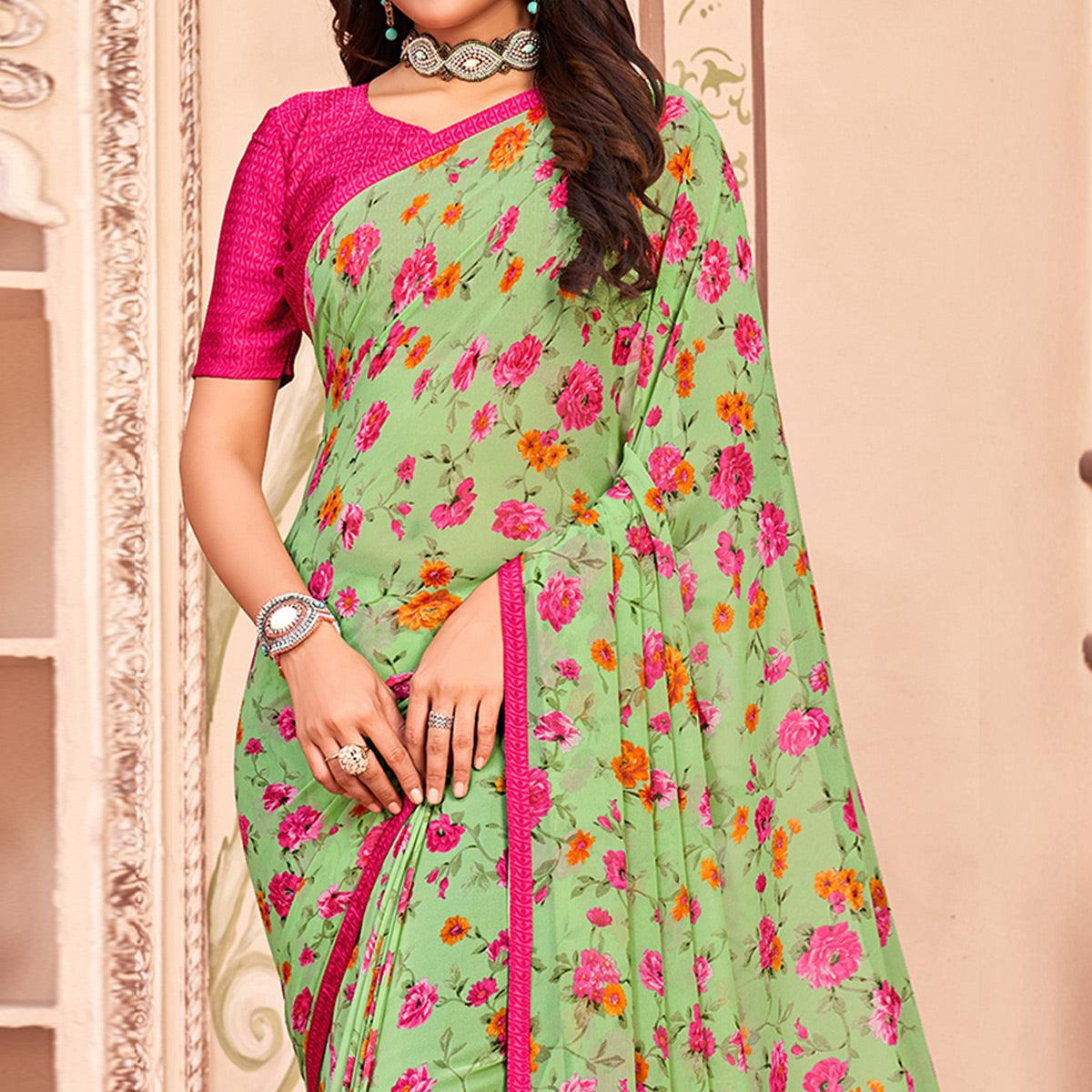 Pista Green Casual Wear Floral Printed Georgette Saree - Peachmode