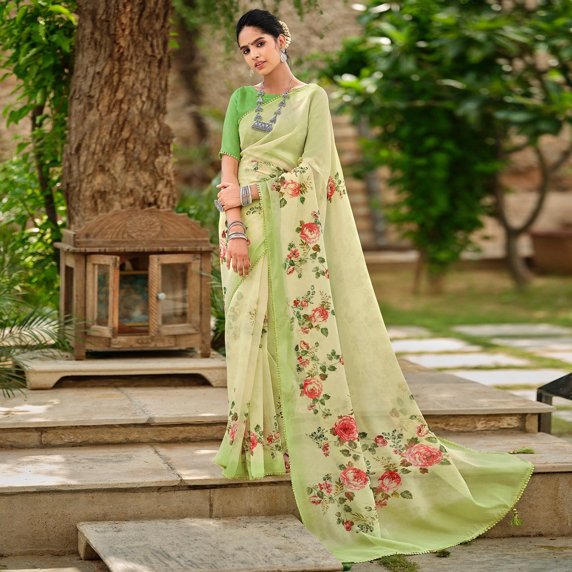 Pista Green Casual Wear Floral Printed Heavy Organza Silk Saree - Peachmode
