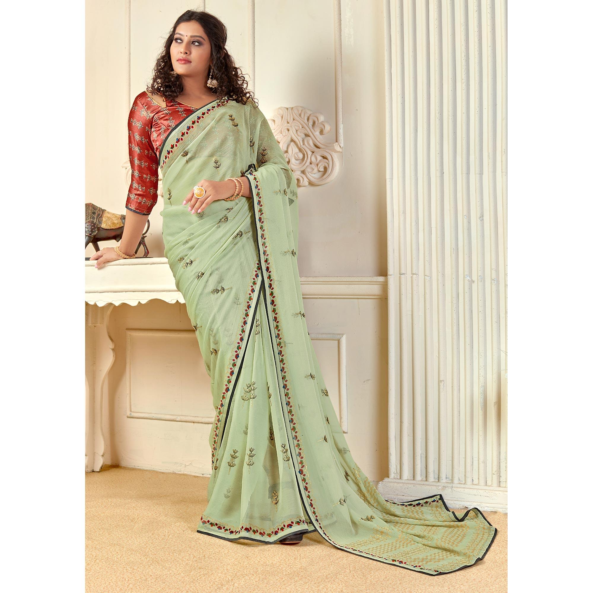Pista Green Casual Wear Foil Printed Pure Chiffon Saree - Peachmode