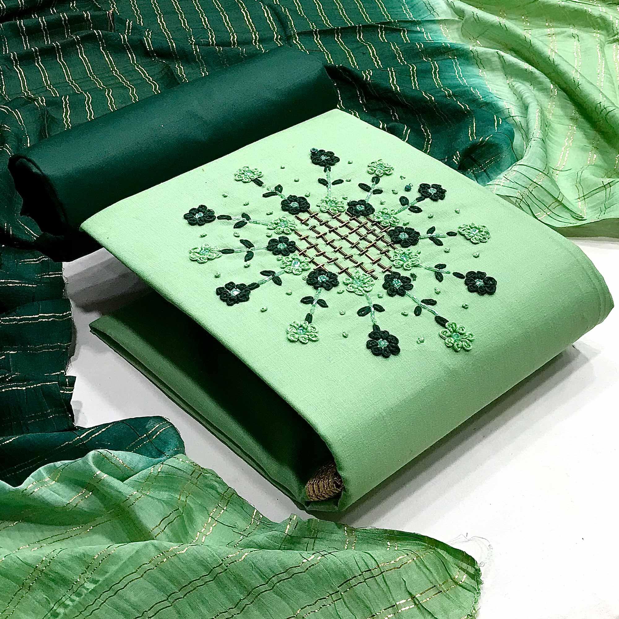 Pista Green Casual Wear Thread & Embellished Khatli Work Cotton Dress Material - Peachmode