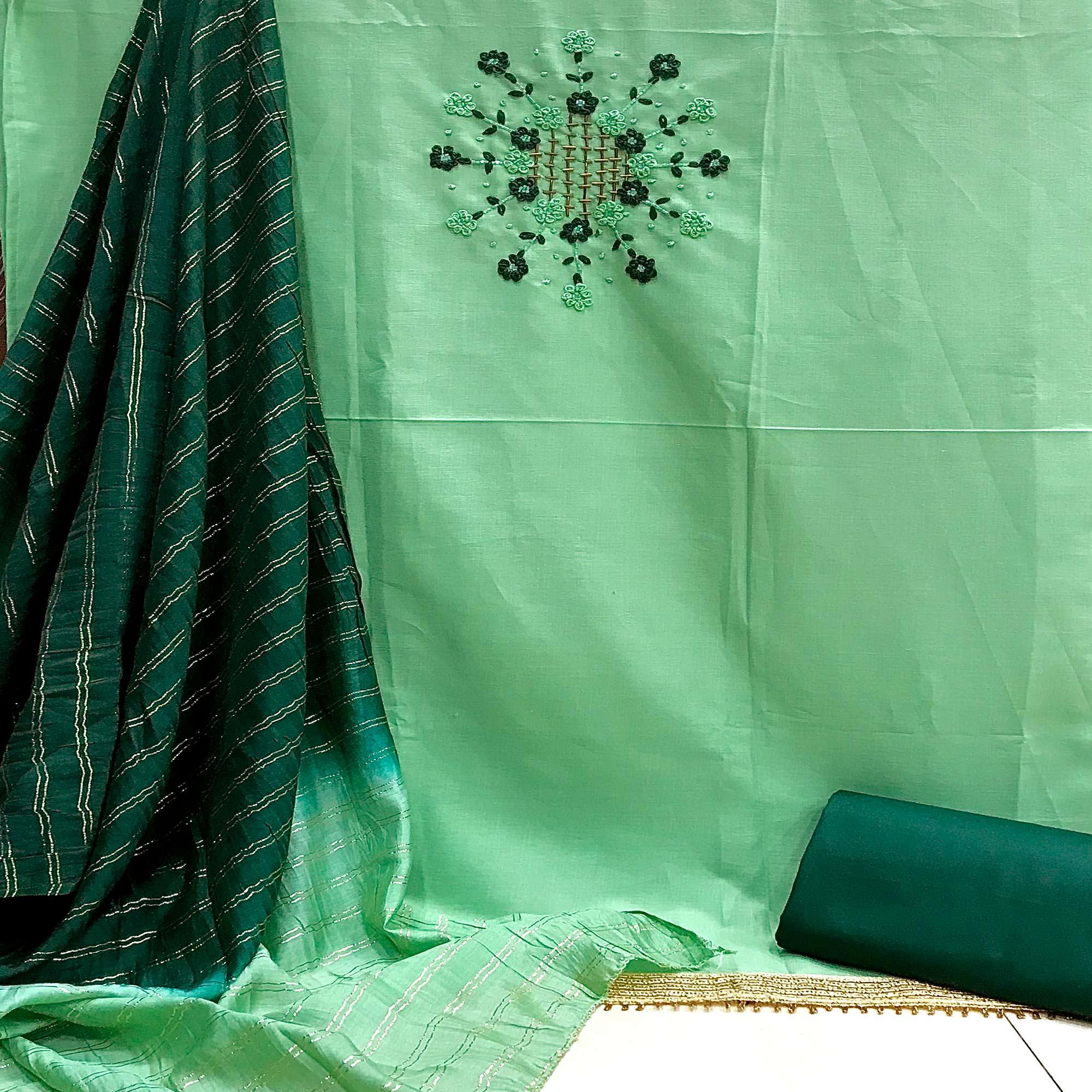 Pista Green Casual Wear Thread & Embellished Khatli Work Cotton Dress Material - Peachmode
